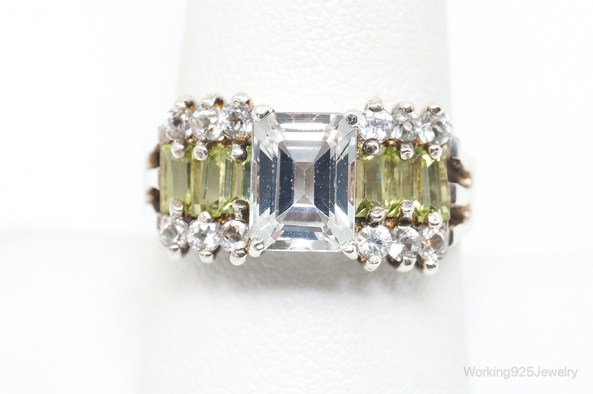 Vintage Art Deco Peridot CZ Sterling Silver Statement Ring - Size 8.75