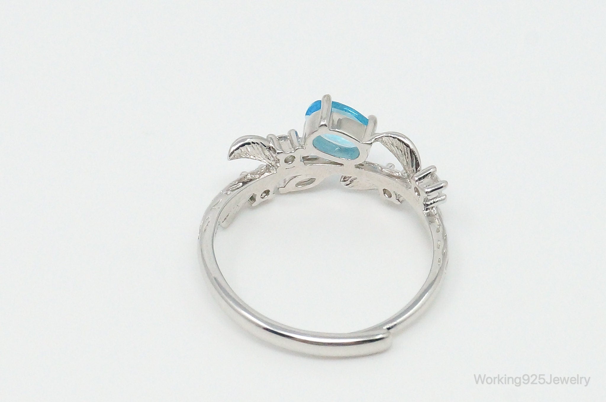 Blue Topaz Cubic Zirconia Branch & Leaves Sterling Silver Ring - Size 7.5 Adj.