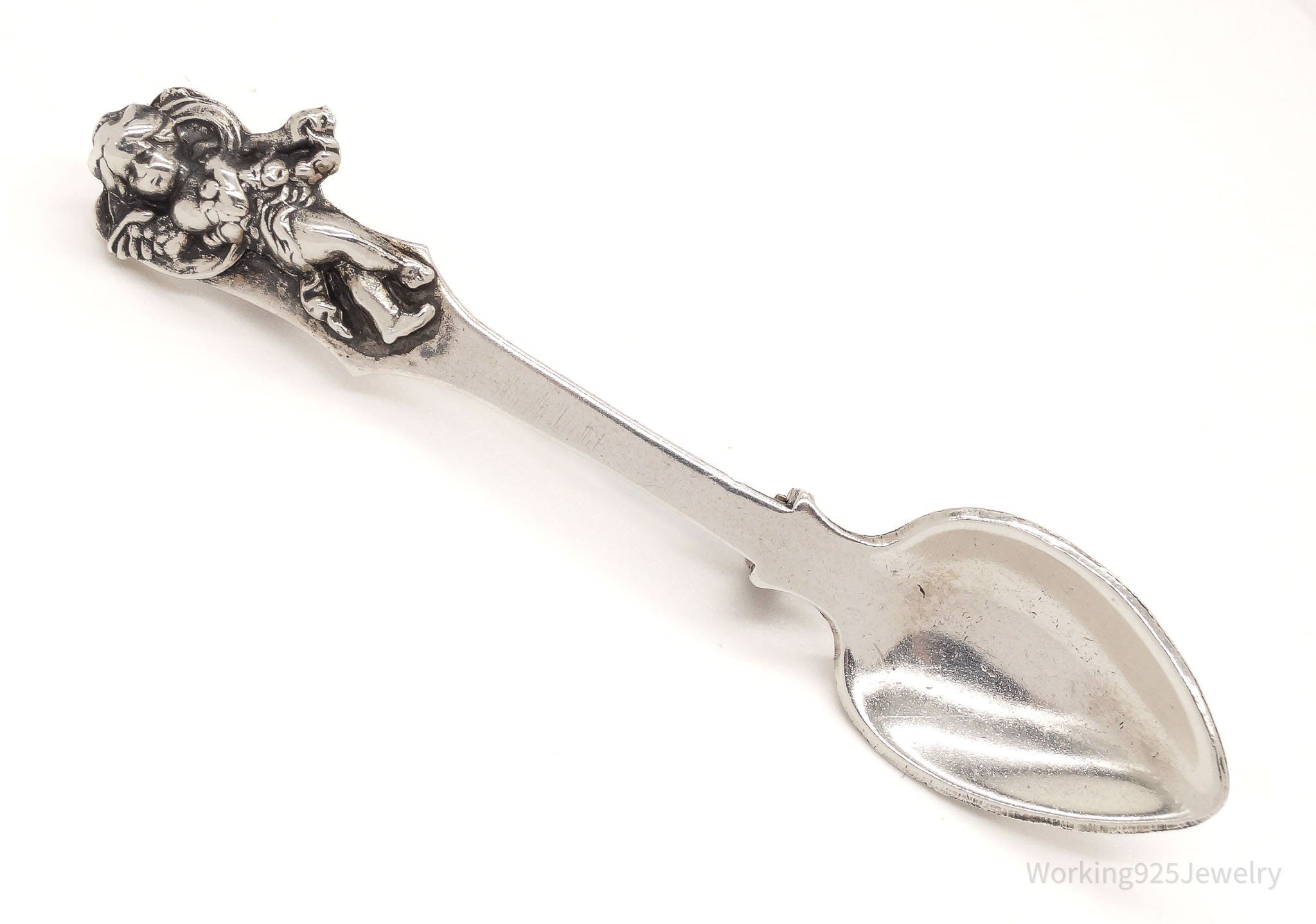 Antique Cherub Sterling Silver Spoon Brooch Pin