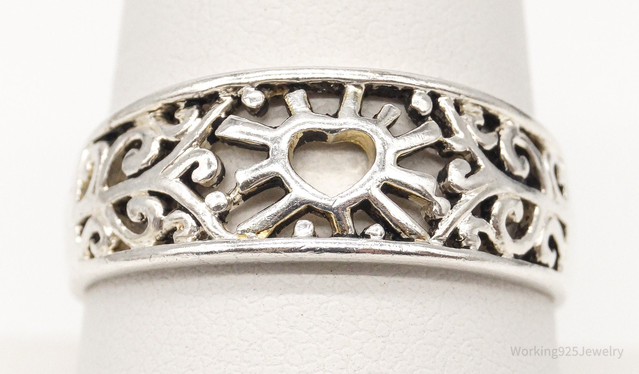 Vintage Heart Openwork Sterling Silver Band Ring - Size 9