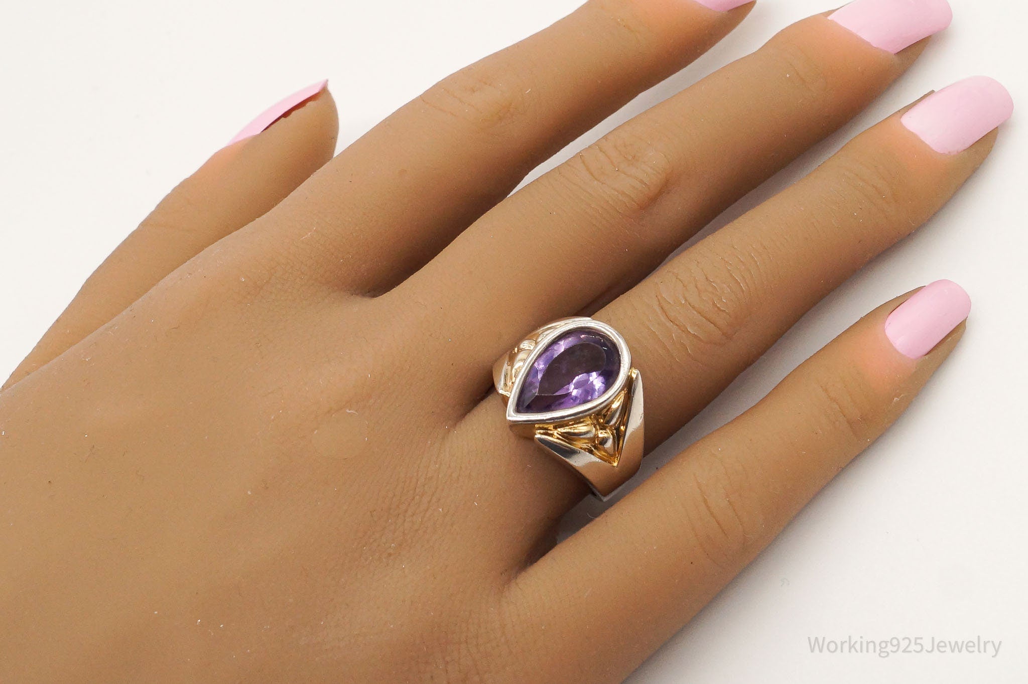 Vintage Large Amethyst Gold Vermeil Sterling Silver Ring - Size 7.25