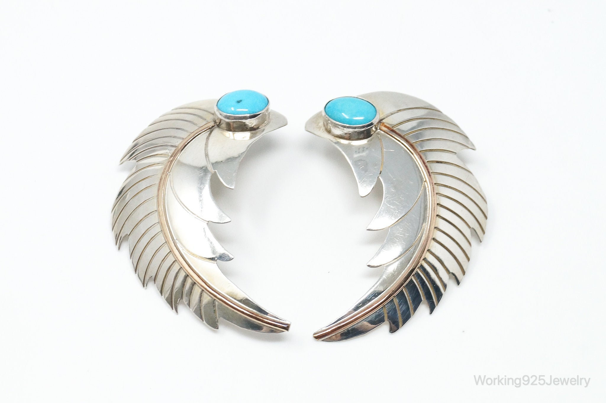 Large Vintage Native American Turquoise Feather Sterling Silver Earrings