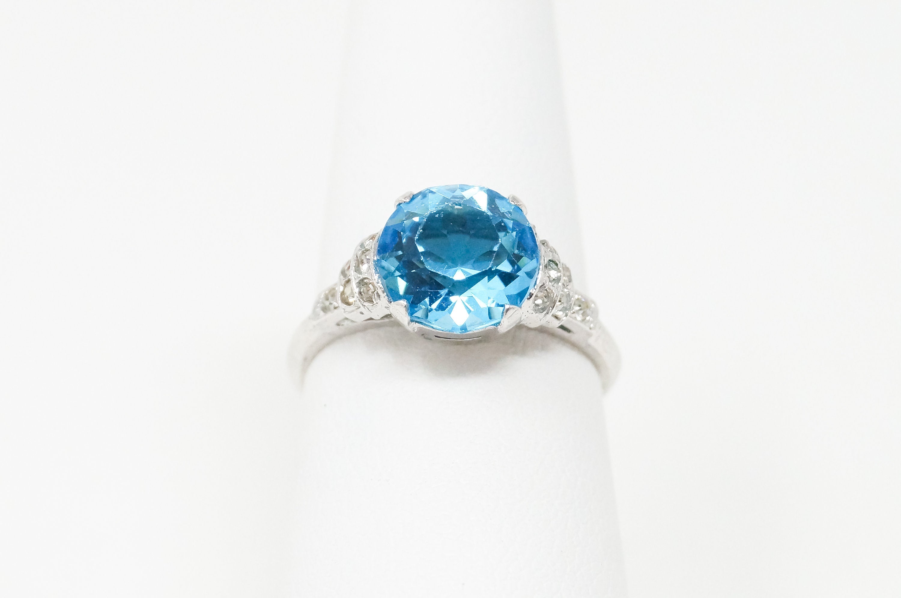 Antique Blue Topaz Cubic Zirconia Art Deco Sterling Silver Ring - Sz 5.75