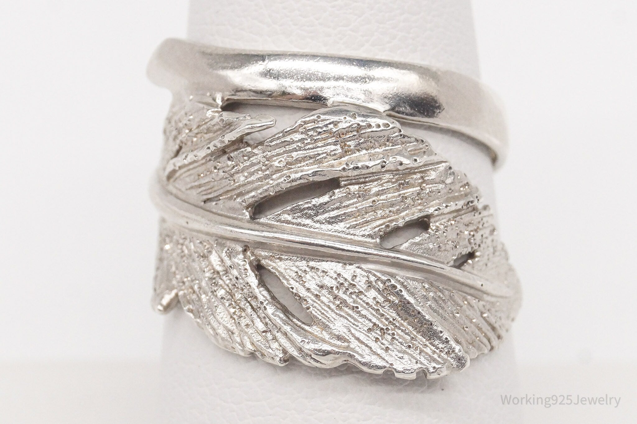 Vintage Italian Designer RCI Leaf Feather Sterling Silver Ring - Size 7.5