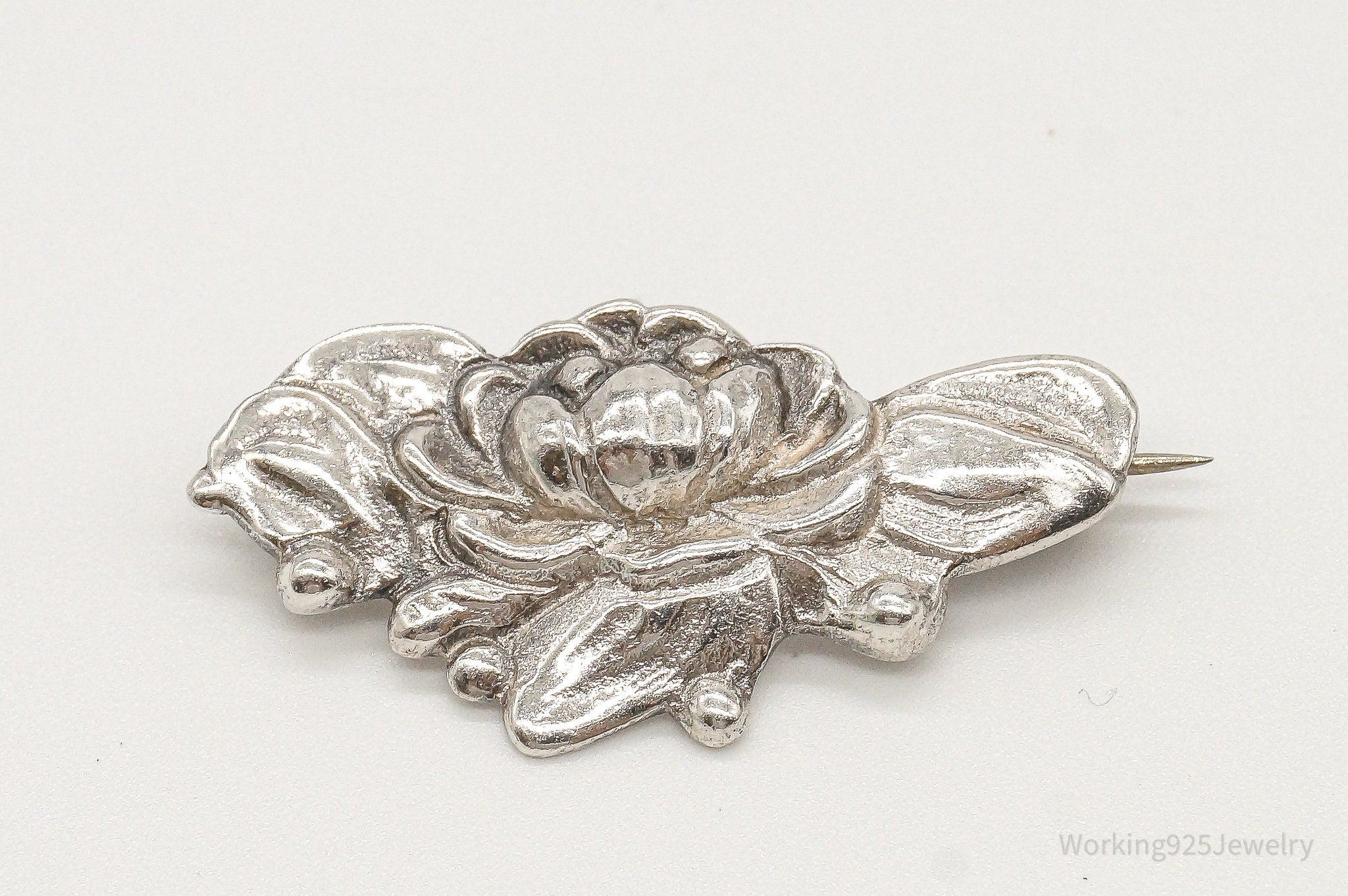 Antique Designer Max Rieg Lotus Flower Sterling Silver Pin Brooch