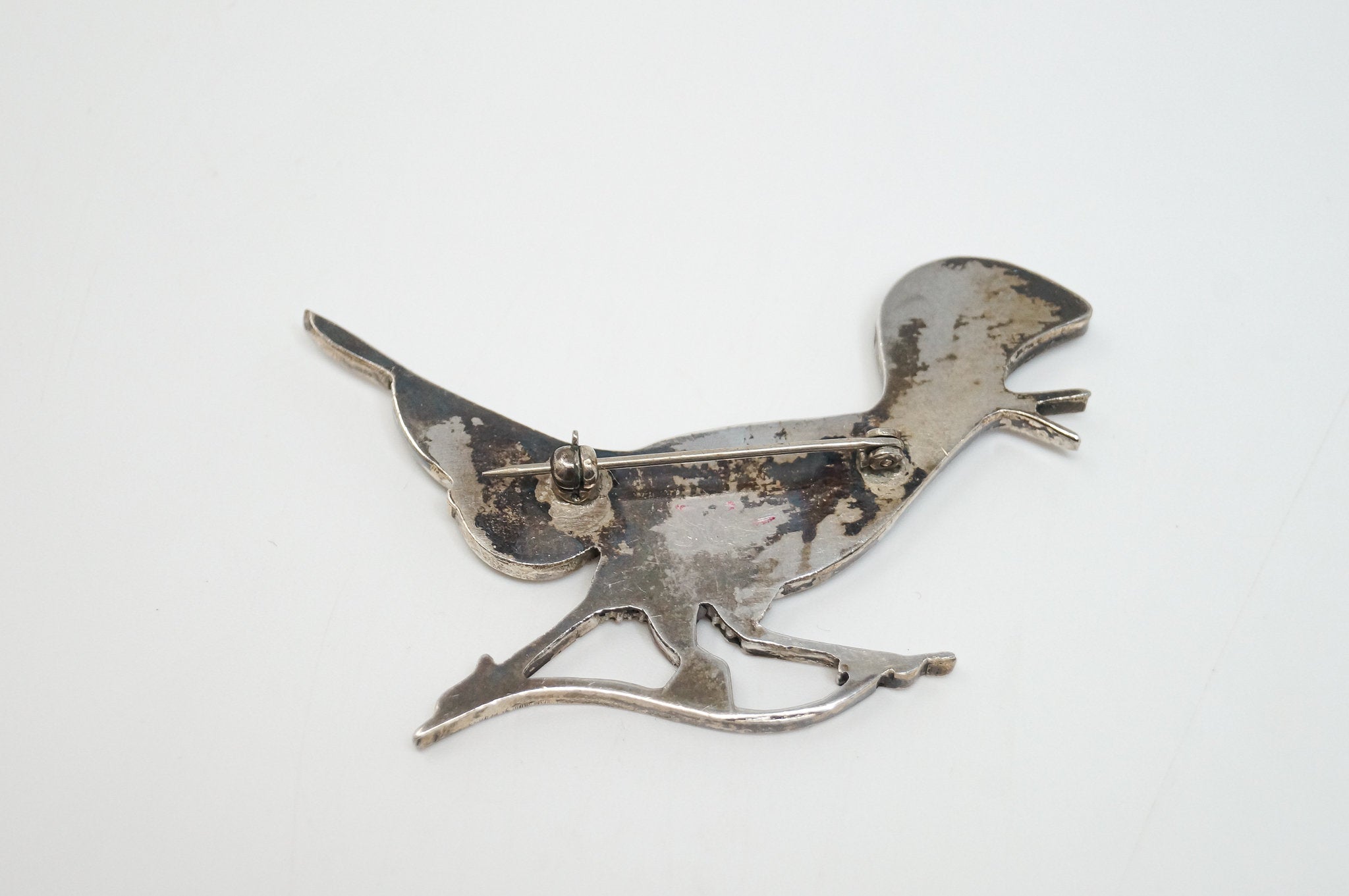 Vintage Handmade Native American Unsigned Roadrunner Sterling Silver Brooch Pin