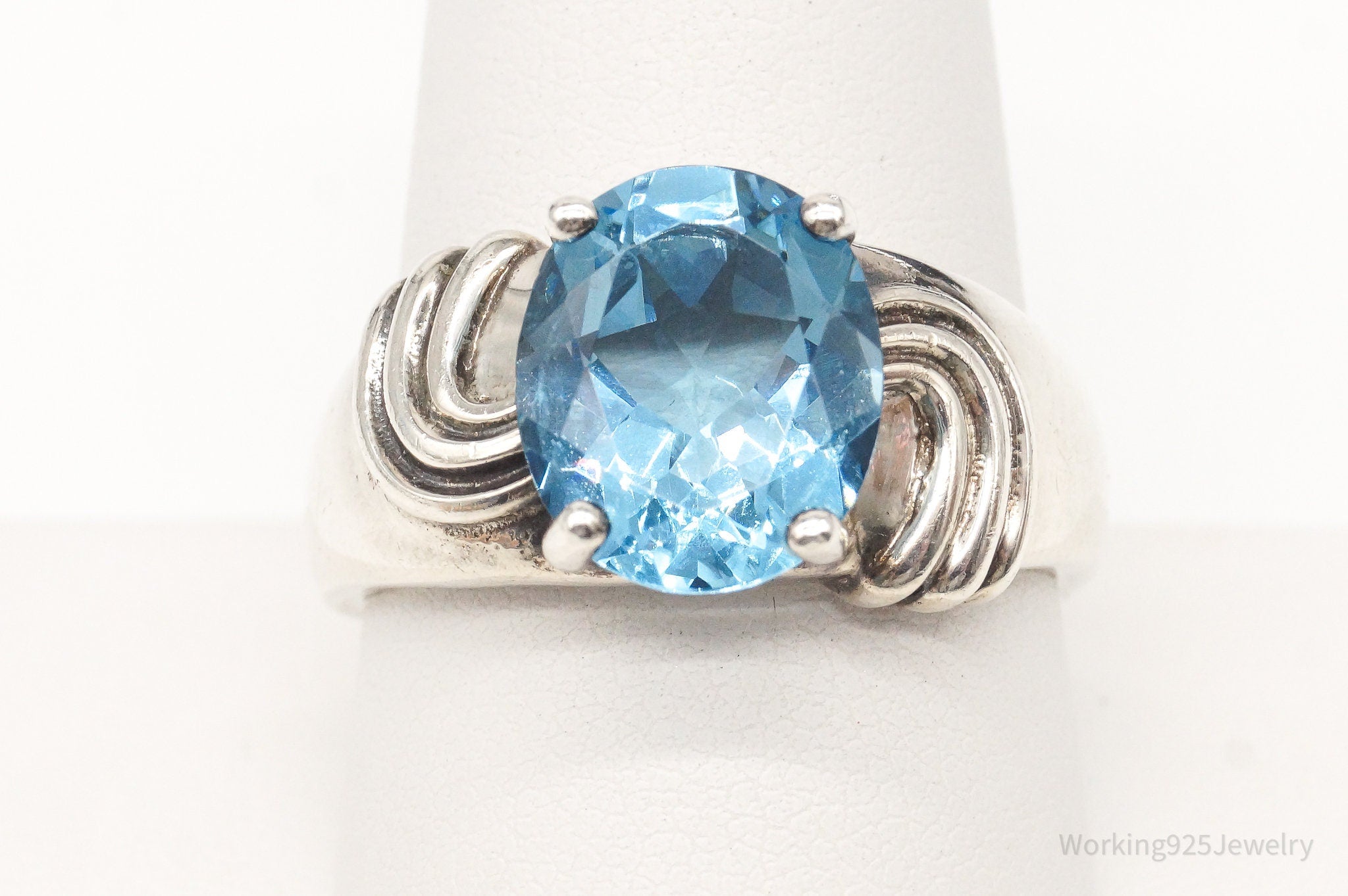 Vintage Large Blue Topaz Sterling Silver Ring - Size 10