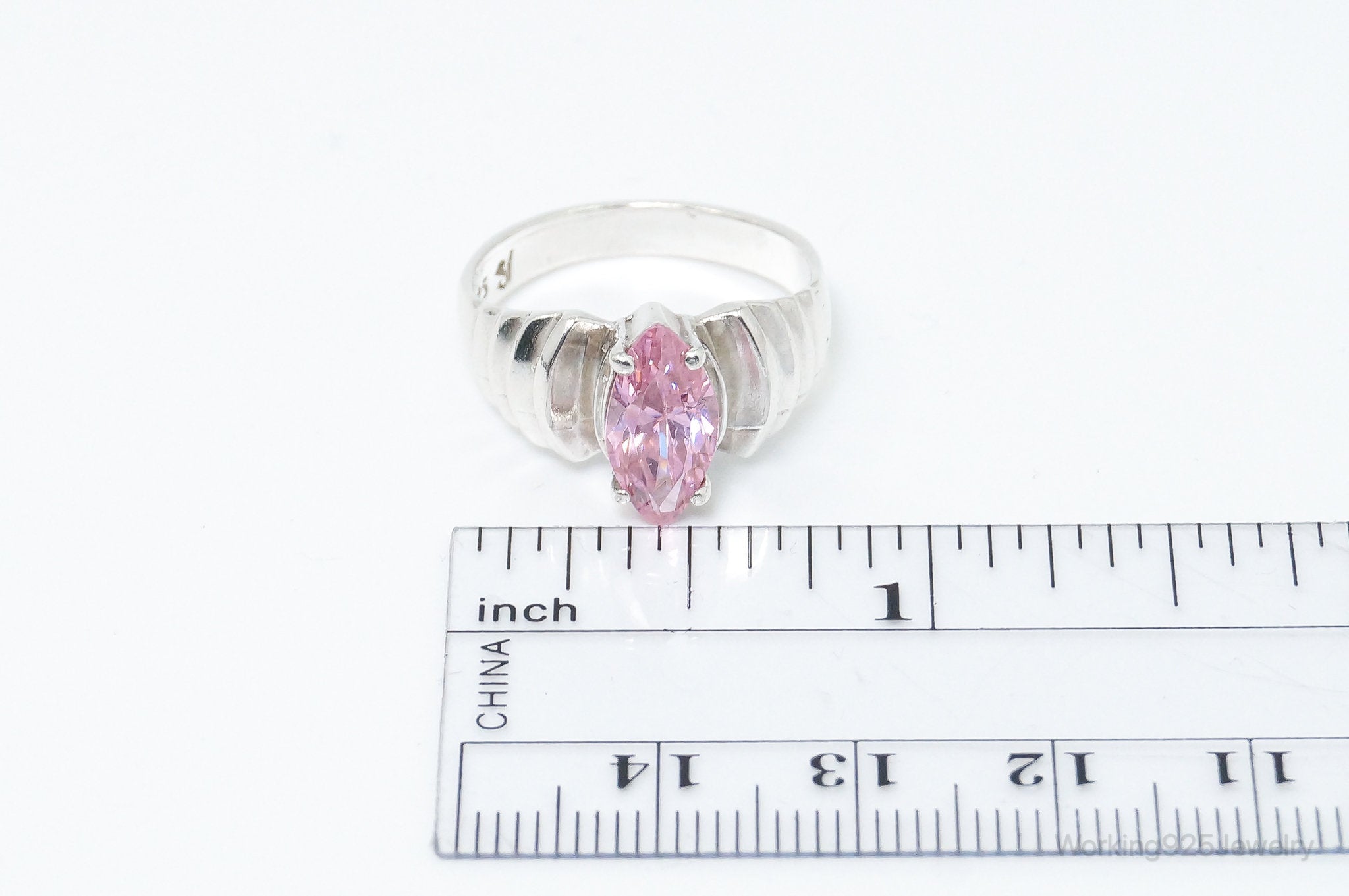 Vintage Art Deco Style Pink Cubic Zirconia Ring Sterling Silver - Size 8.25