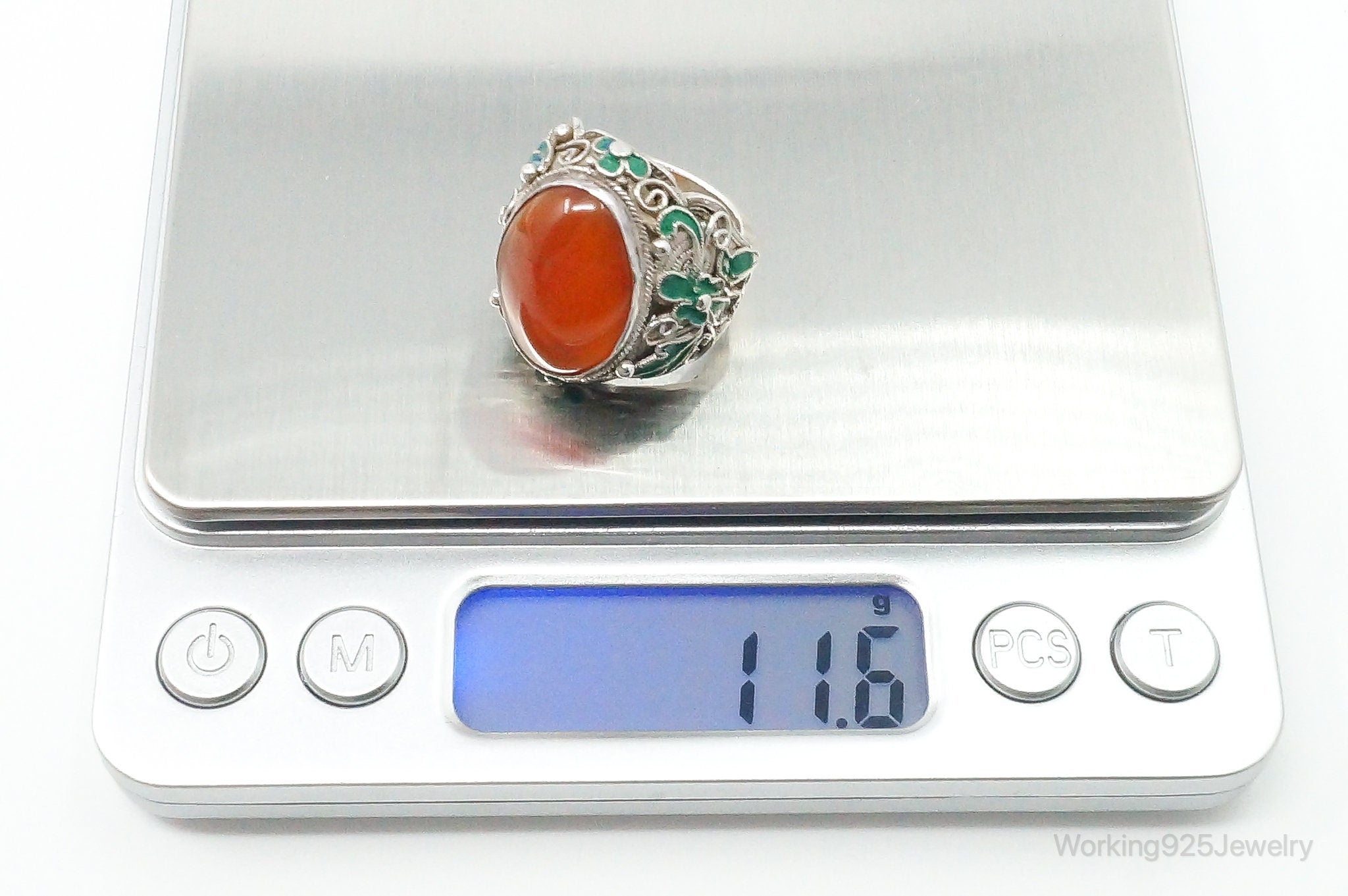 Vintage Large Carnelian Enamel Filigree Silver Ring - Size 5.25