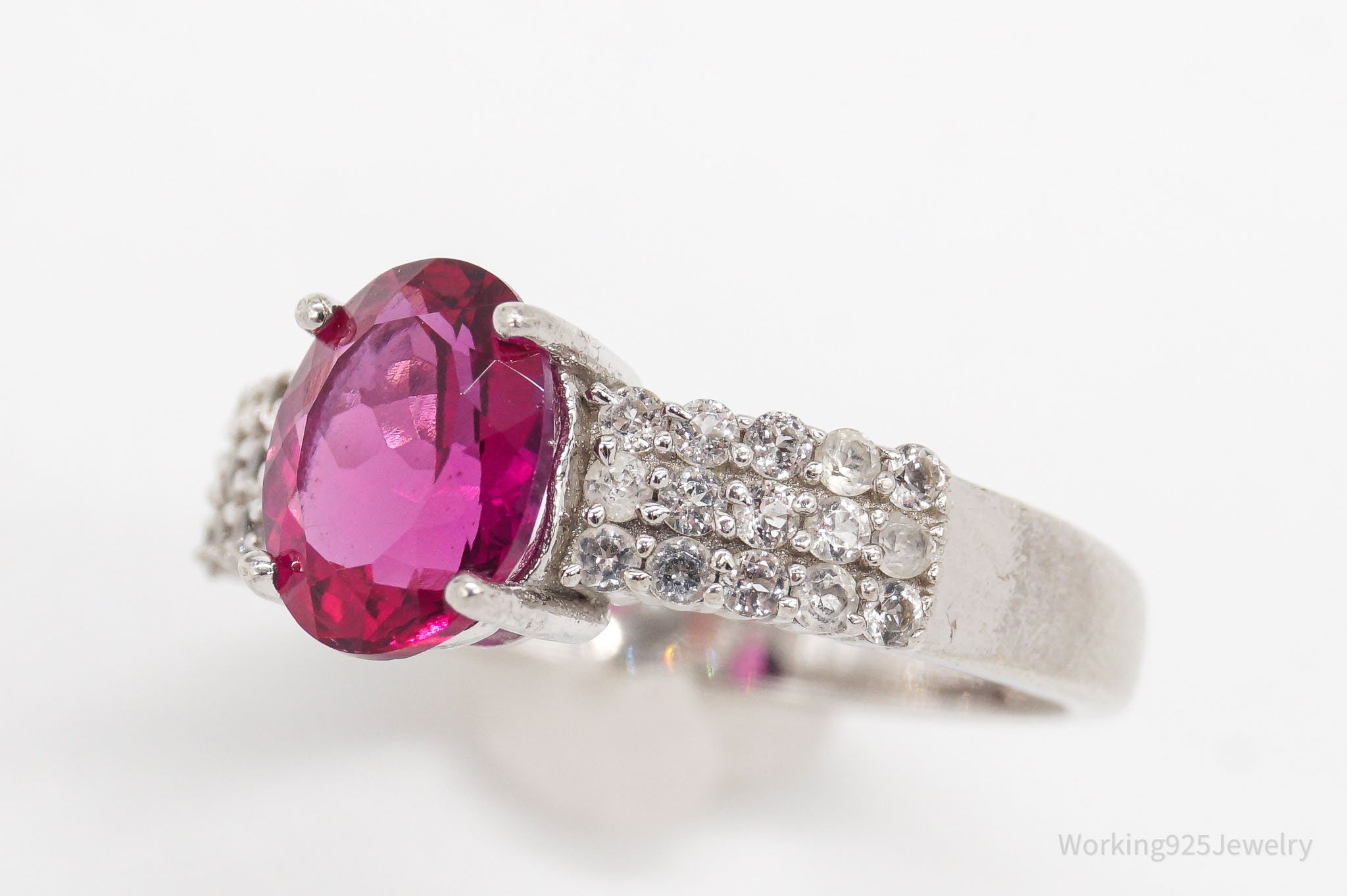 Vintage Designer Pink Tourmaline White Topaz Sterling Silver Ring - Size 7.75