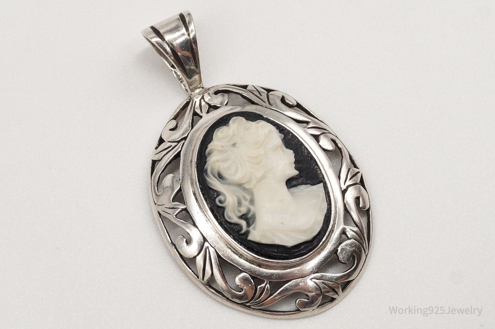 Vintage Designer Jezlaine Carved Cameo Woman Sterling Silver Pendant