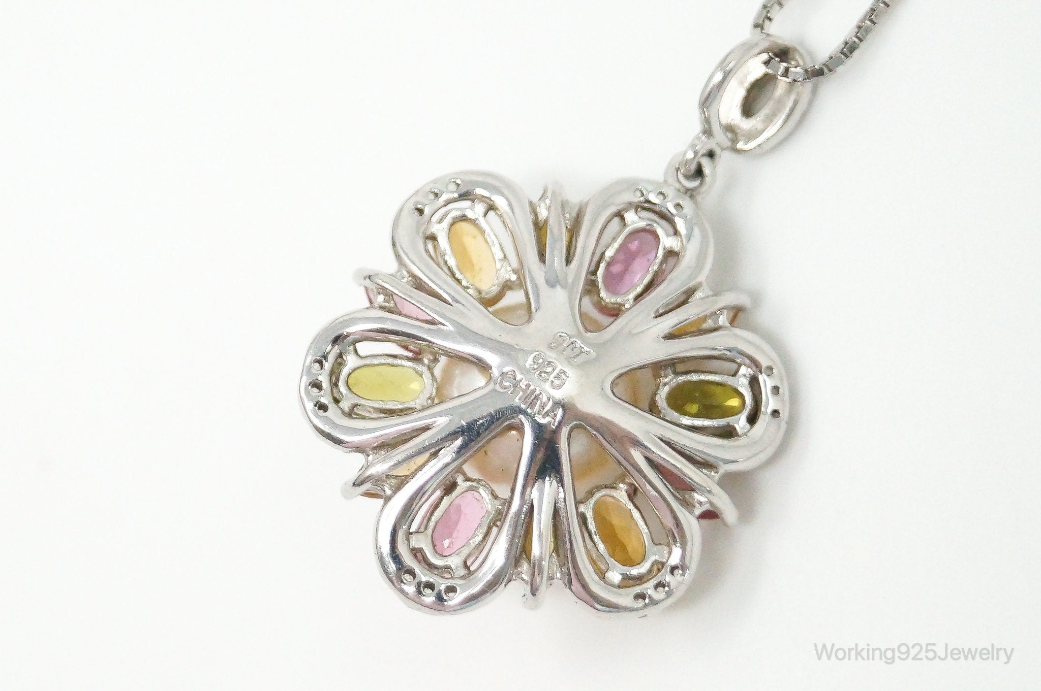 Vintage Designer Multi Stone Flower Sterling Silver Necklace