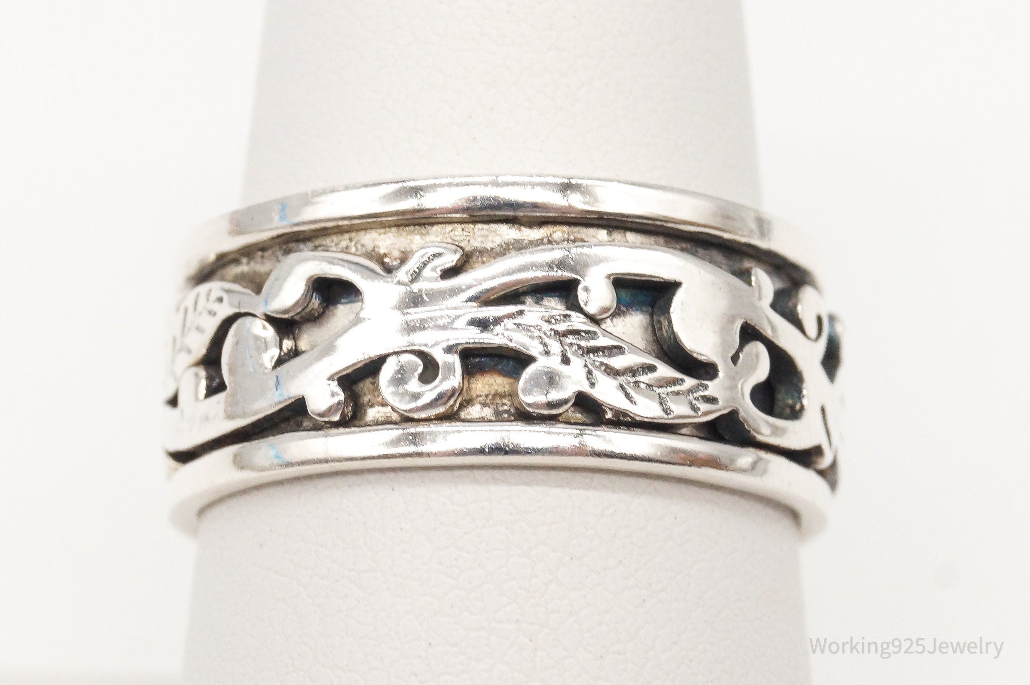 Vintage Floral Leaf Sterling Silver Spinner Ring - Size 8.25