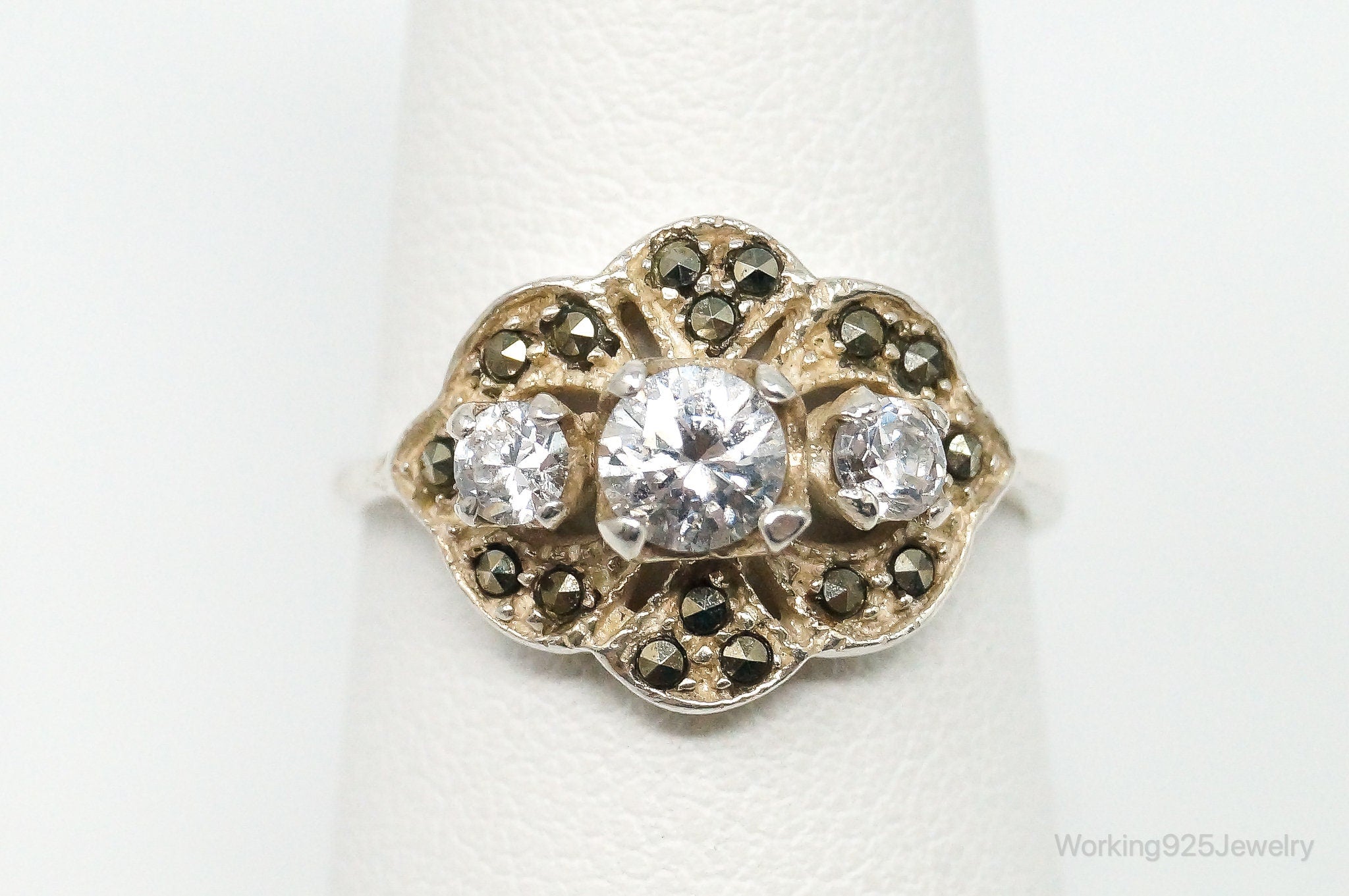 Vintage Cubic Zirconia Marcasite Sterling Silver Ring - Size 7