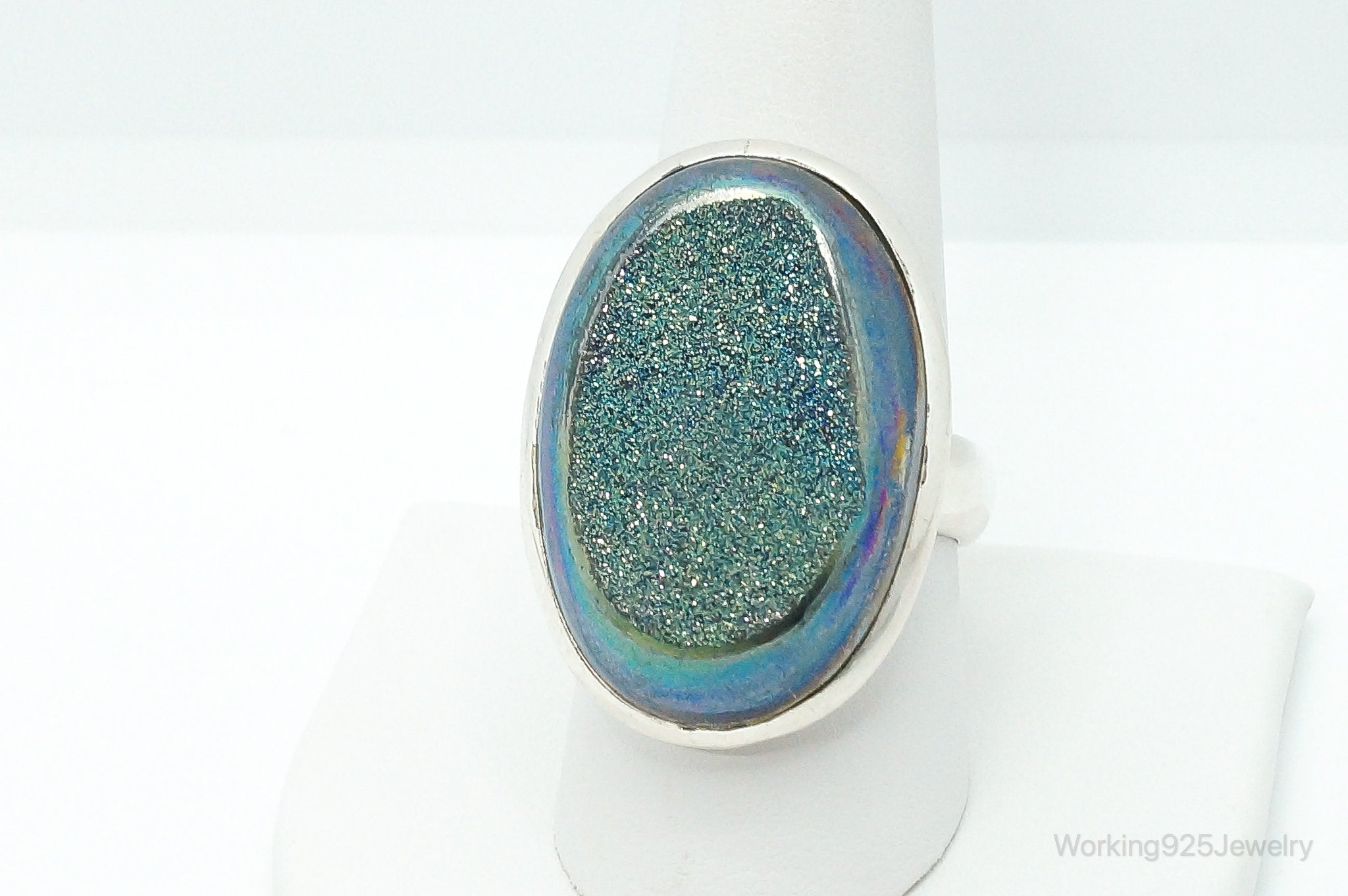 Large Rainbow Druzy Quartz Sterling Silver Ring - Size 9 Adjustable