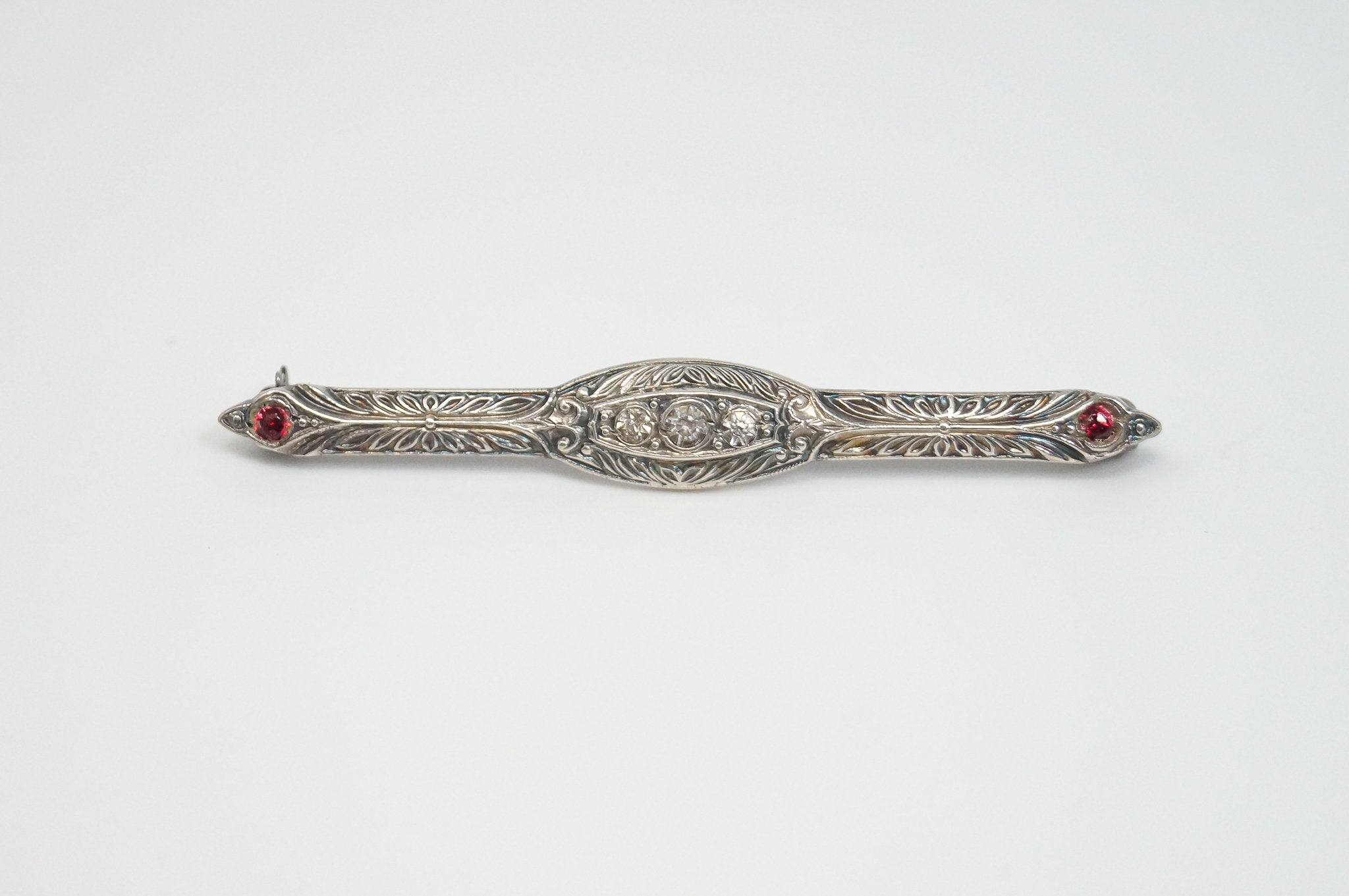 Antique Victorian CZ Ruby Ornate Sterling Silver Brooch Pin