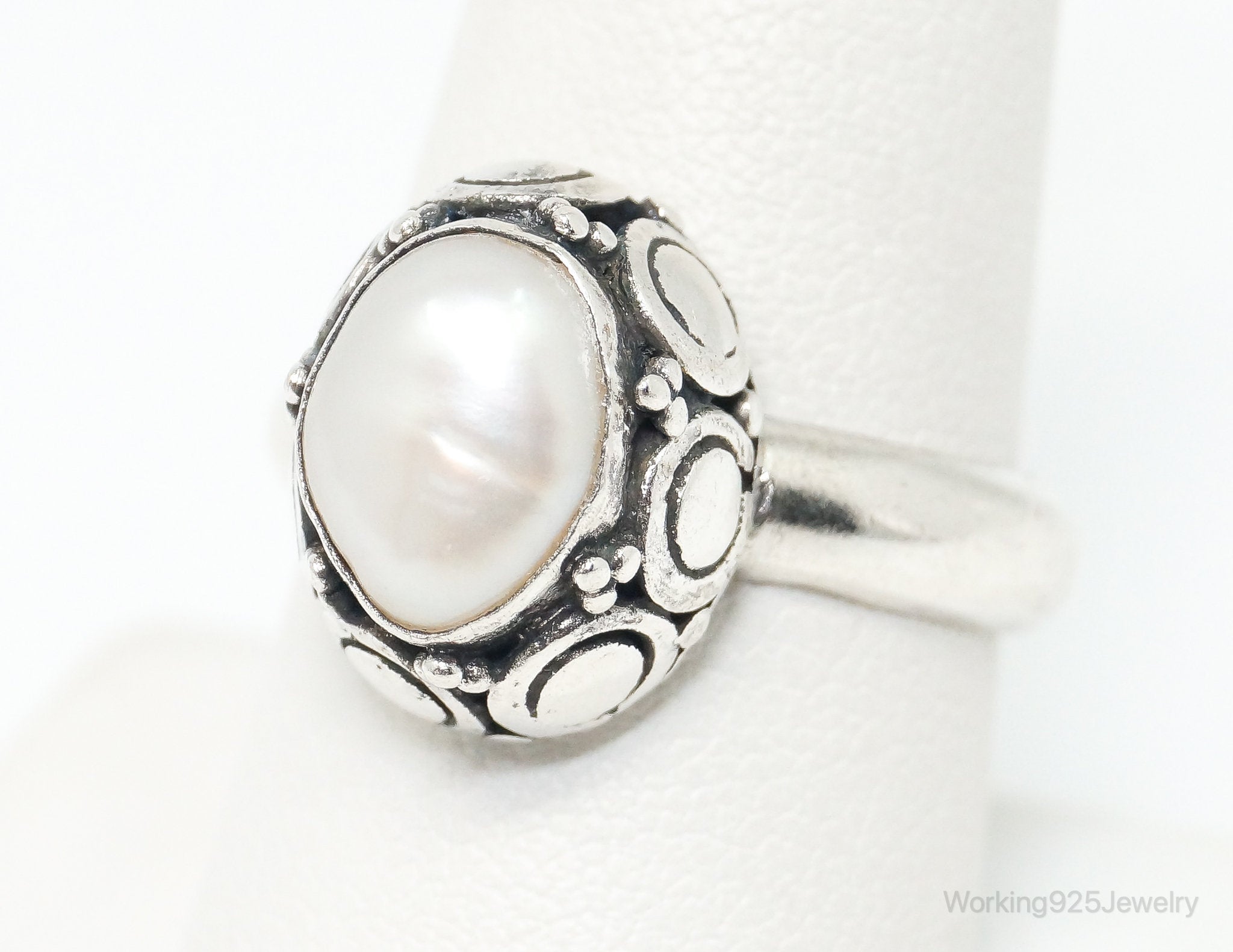 Vintage Designer BA Suarti Pearl Sterling Silver Ring Size 8.5