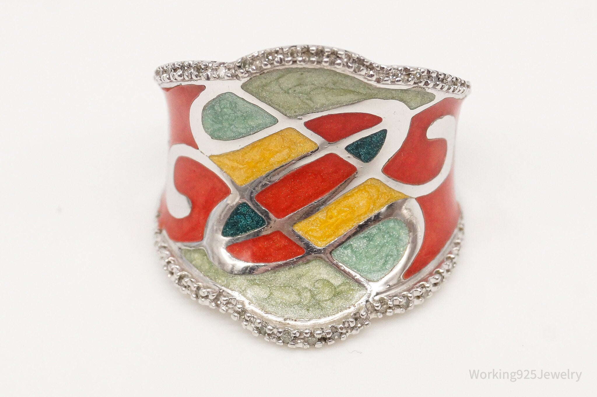 Designer JWBR Diamond Colorful Enamel Sterling Silver Ring - Size 6.75