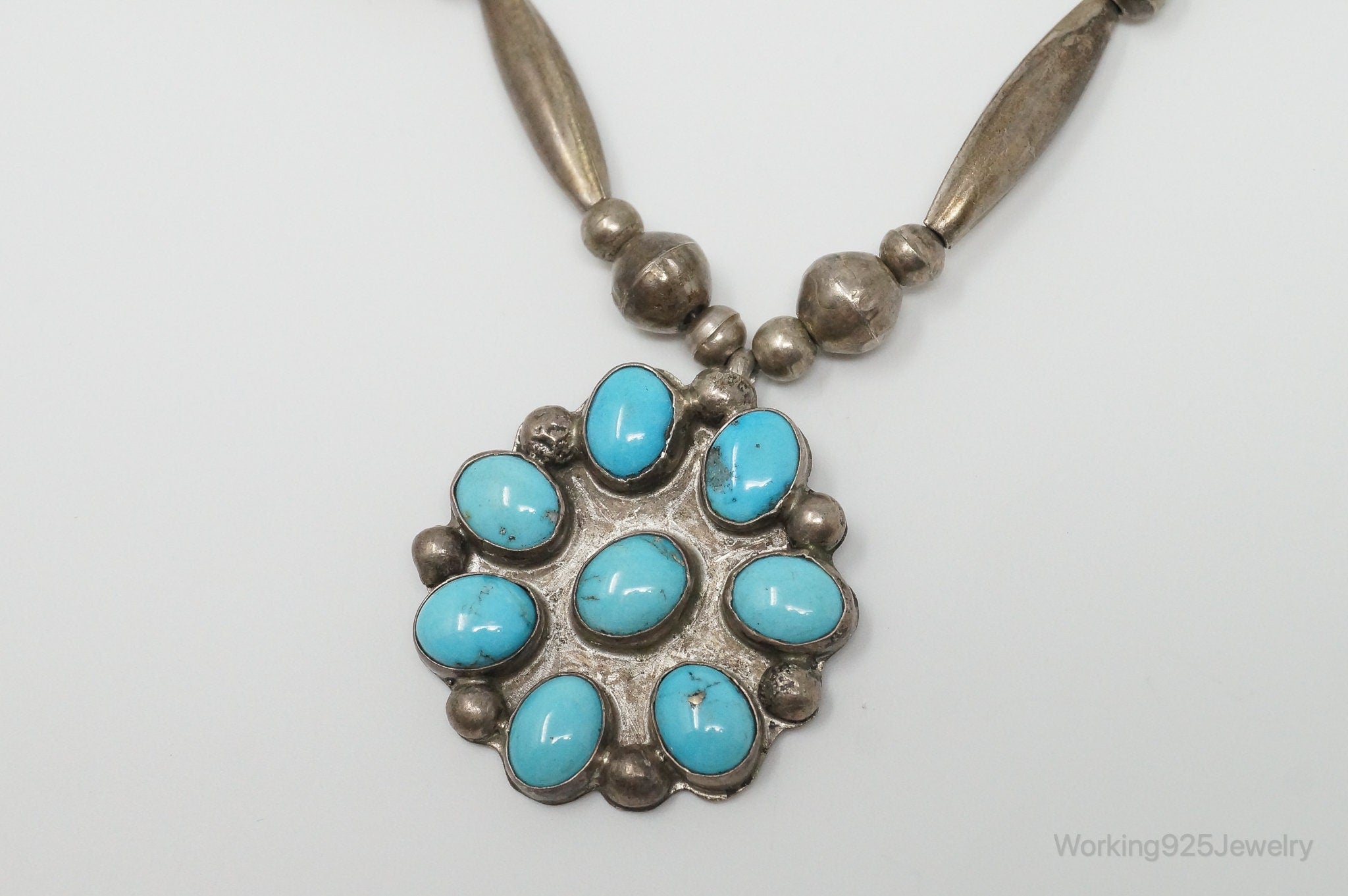 Vintage Handmade Native American Turquoise Sterling Silver Bead Necklace