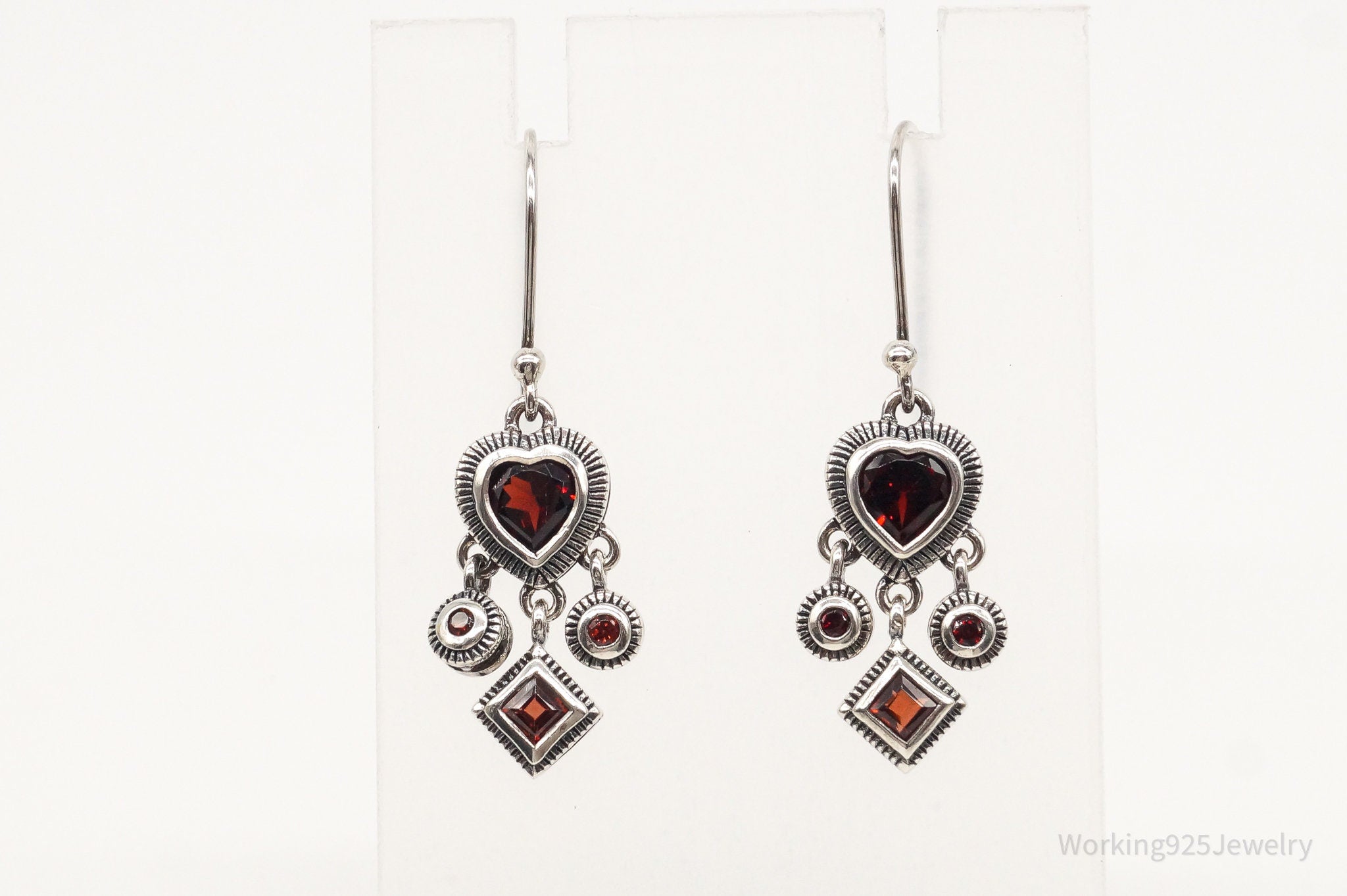 Vintage Garnet Hearts Sterling Silver Earrings