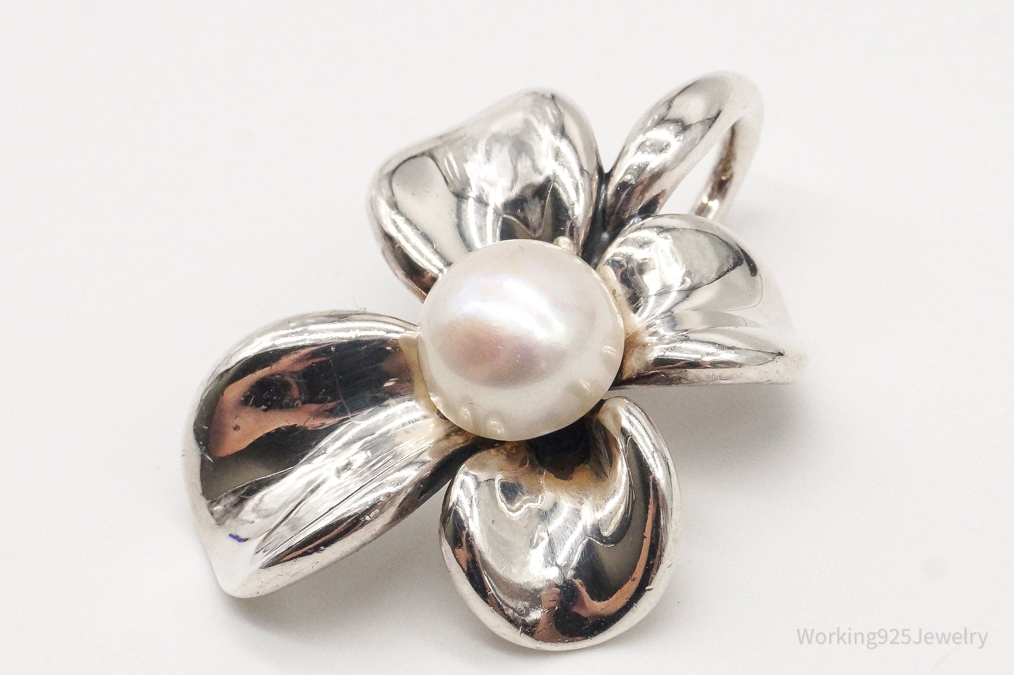 Large Vintage Designer Ann King Pearl Sterling Silver Flower Pendant