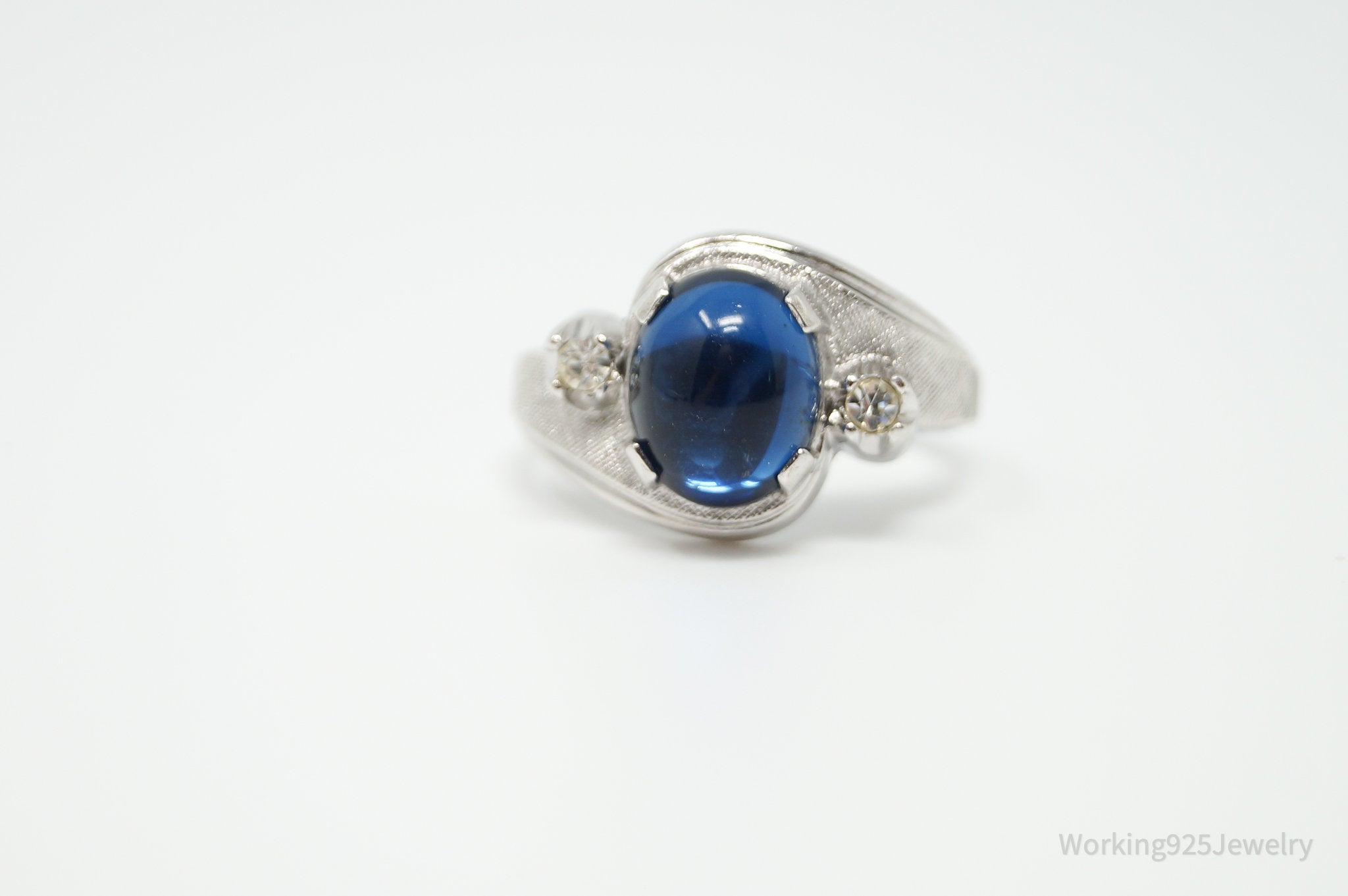 Antique Art Deco Clark & Coombs Blue Art Glass Sterling Silver RIng - Size 7.75