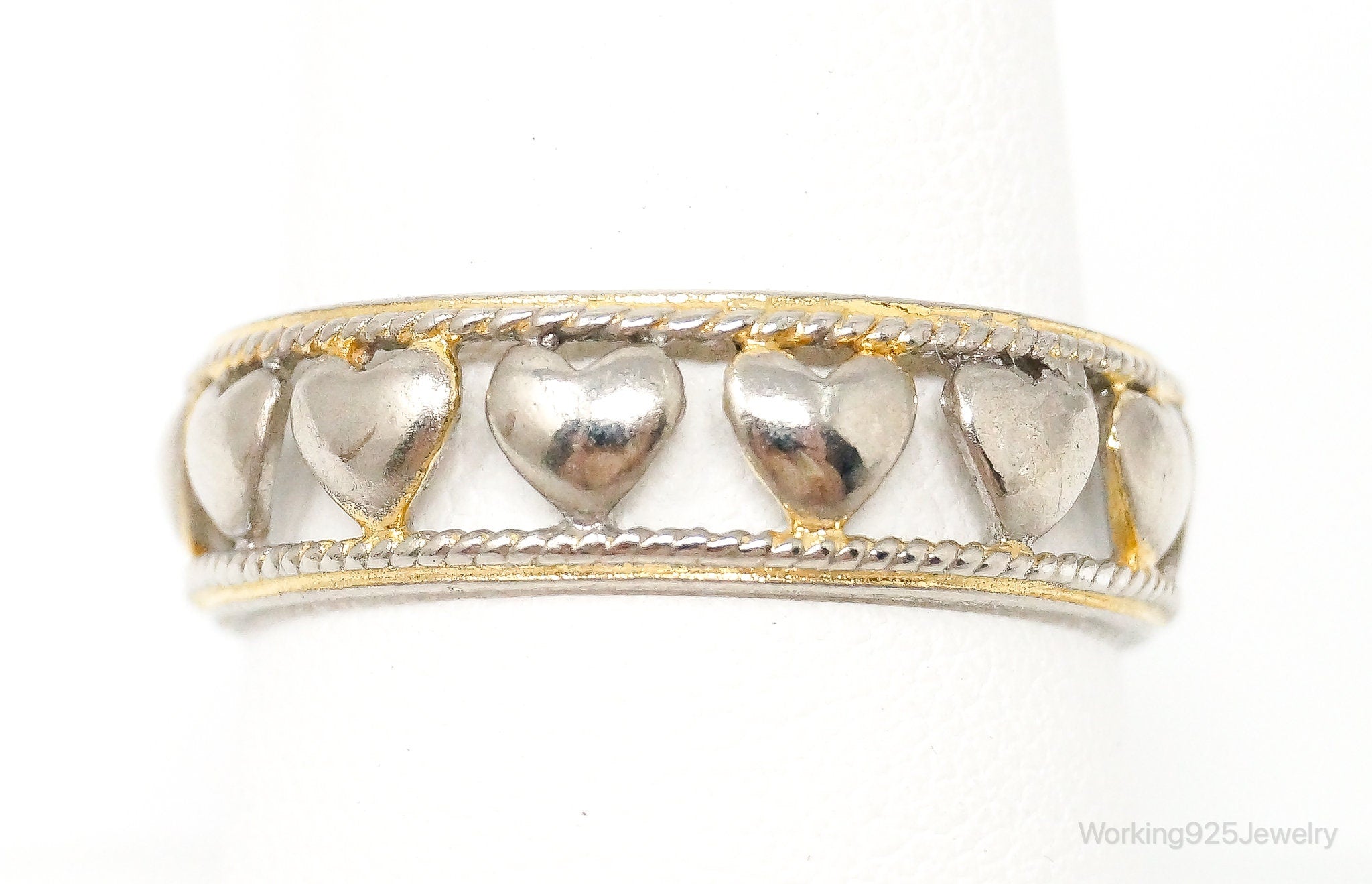 Vintage Heart Pattern Gold Wash Sterling Silver Band Ring - Size 9