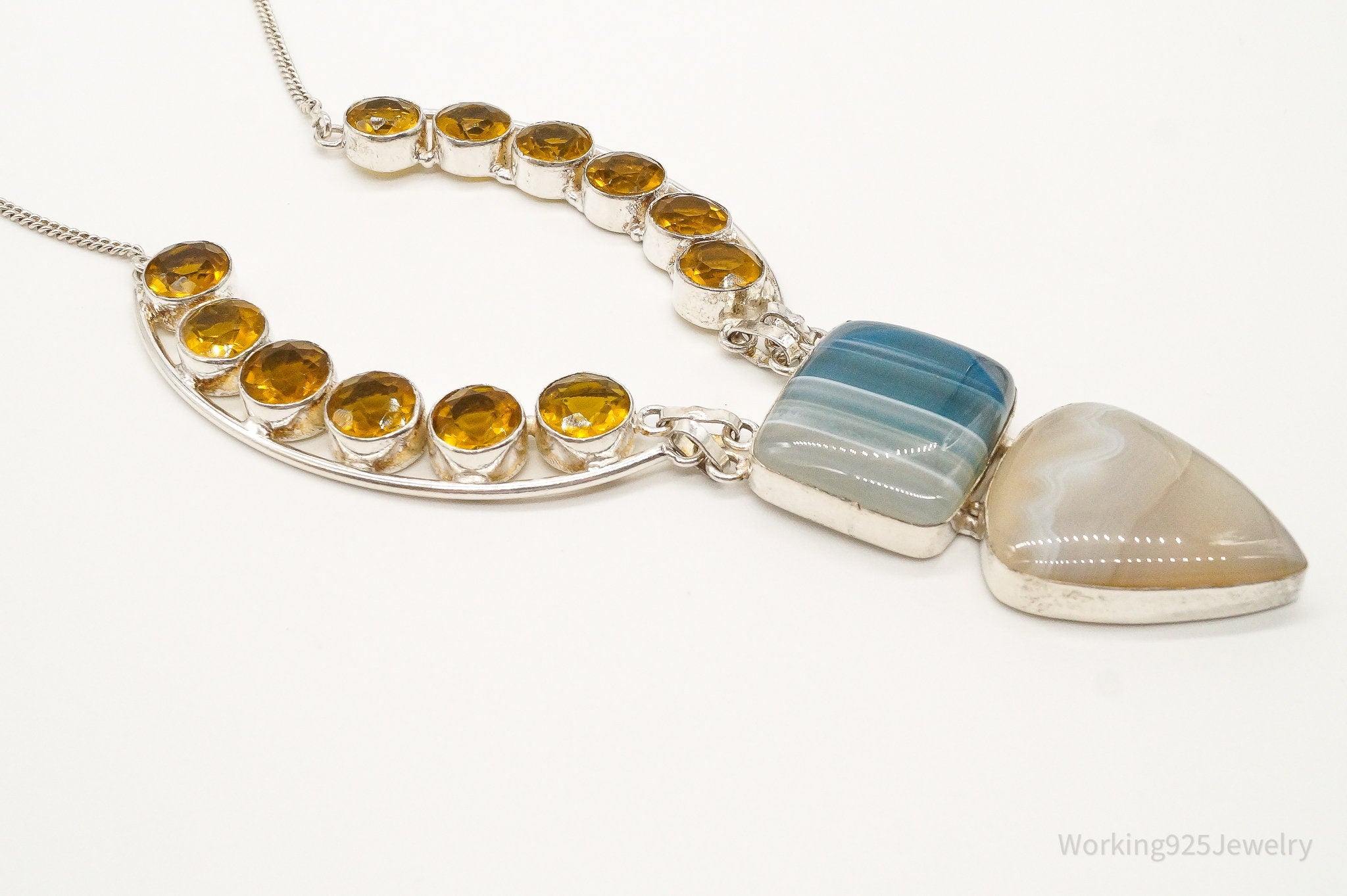 Large Lace Agate Citrine Sterling Silver Necklace