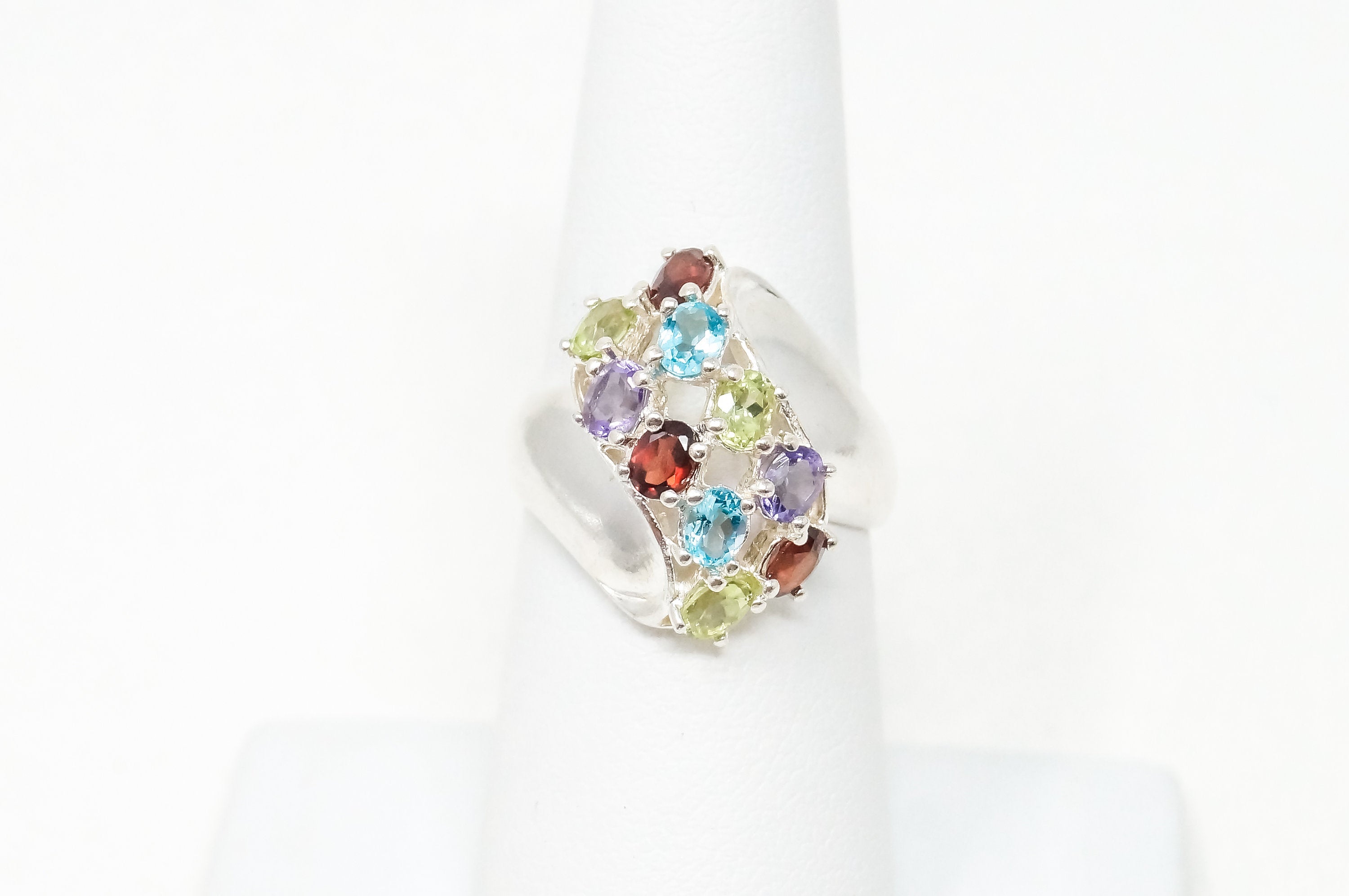 Vintage Art Deco Blue Topaz Amethyst Peridot Garnet Sterling Silver Ring Sz 6.5