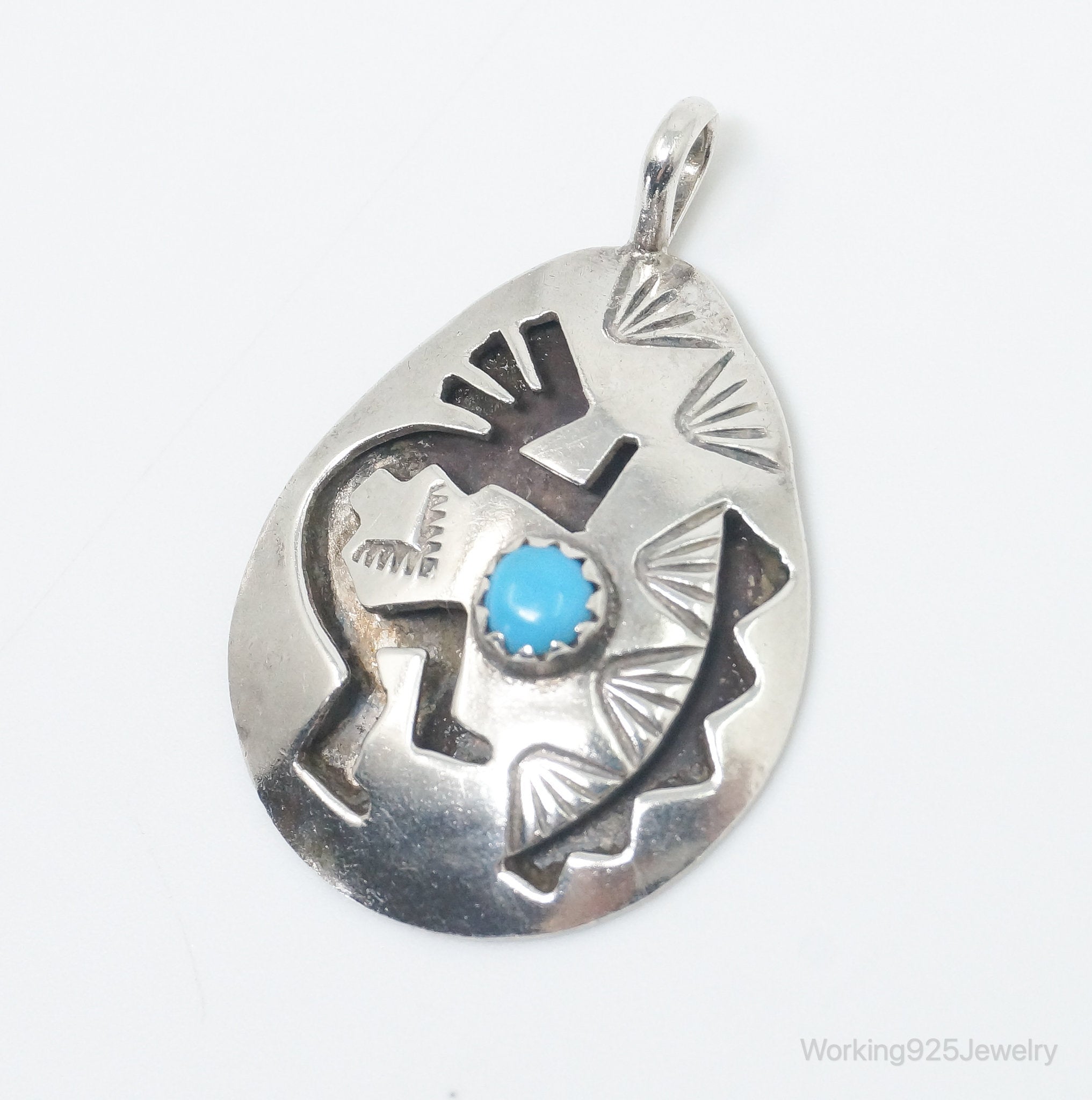 Vintage Handmade Native American Kokopelli Turquoise Sterling Silver Pendant