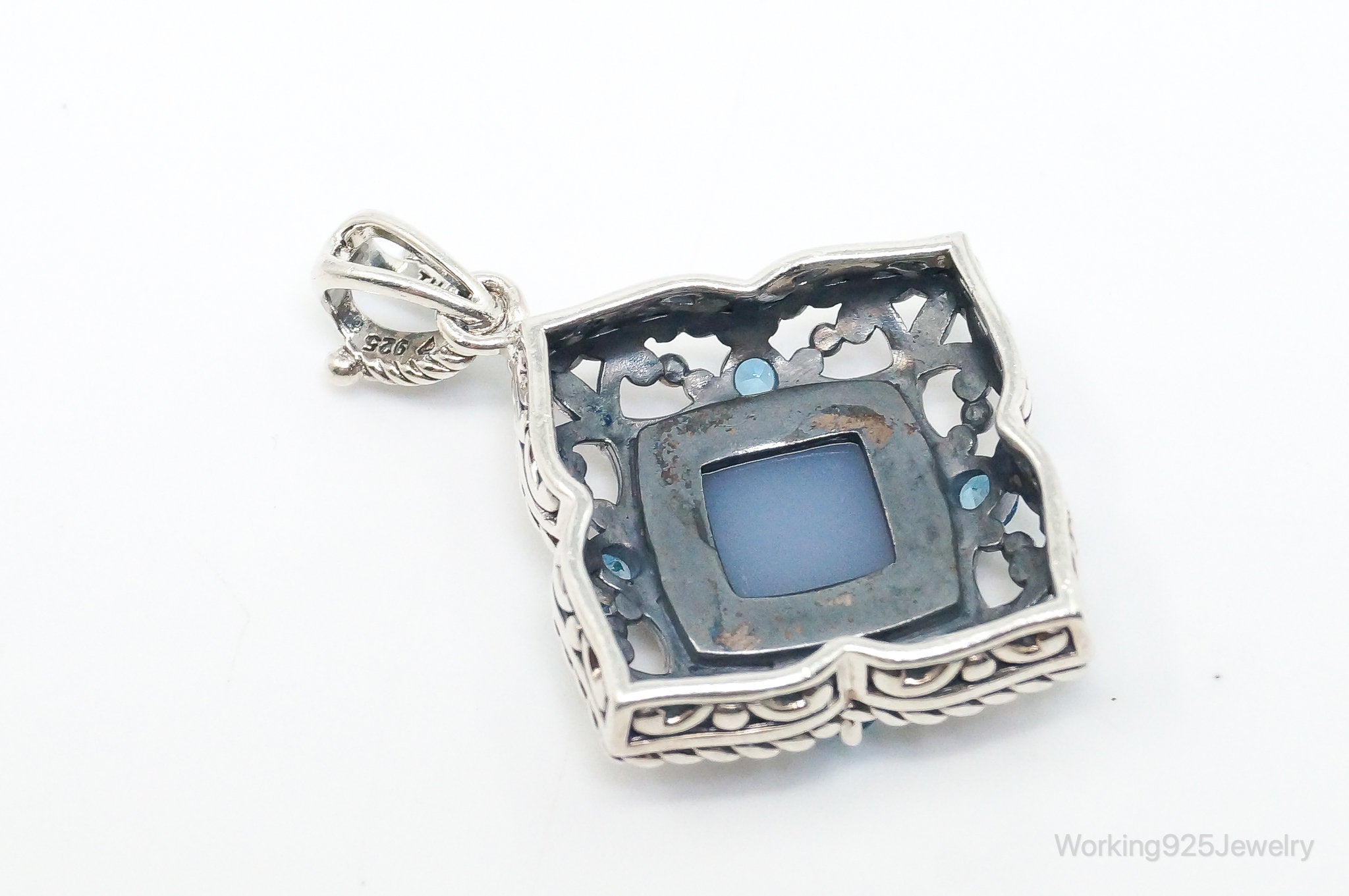 Vintage Druzy Quartz Blue Topaz Sterling Silver Necklace Pendant