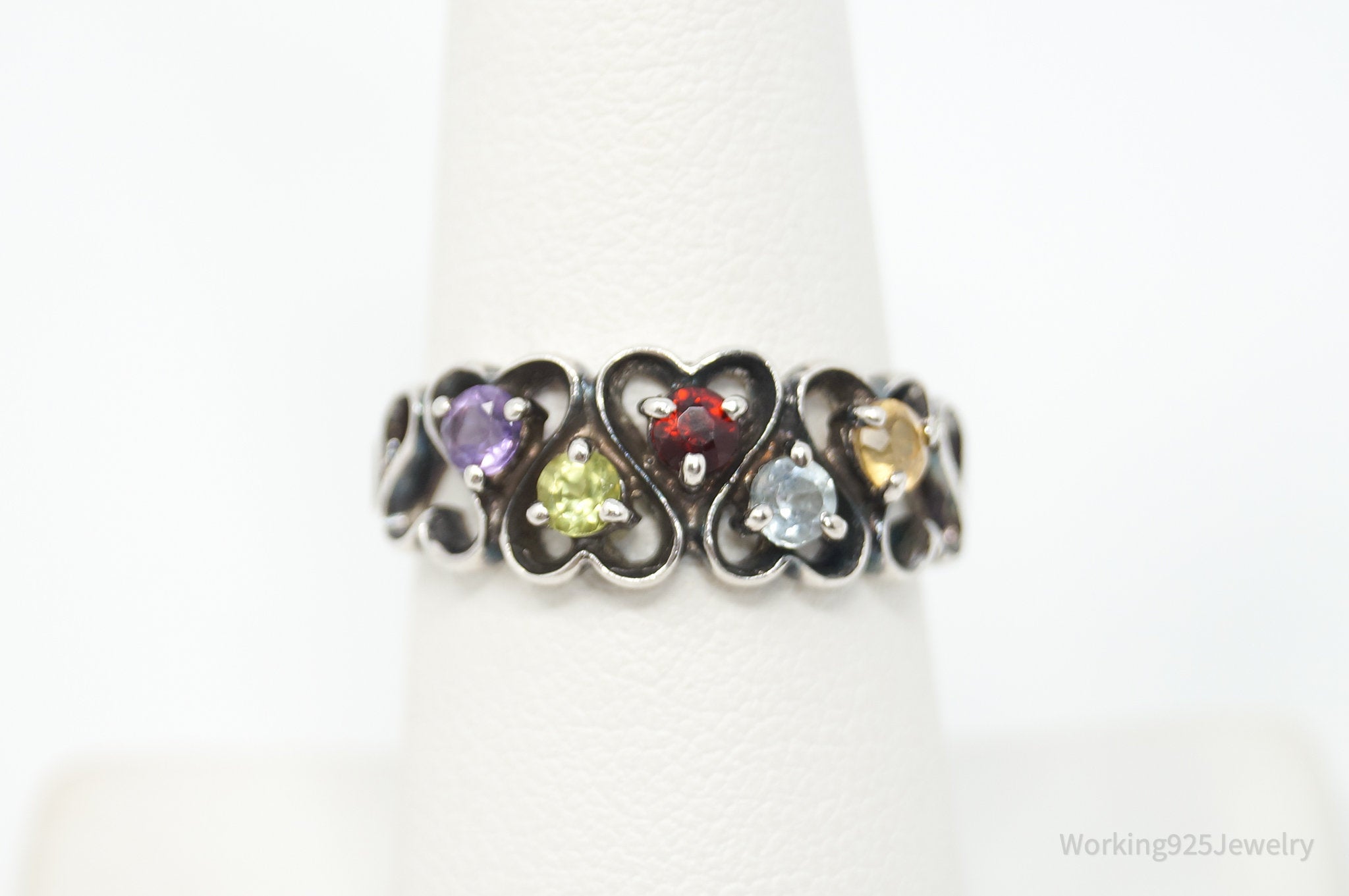 Vintage Designer Multi Gem Open Hearts Sterling Silver Ring - Size 8