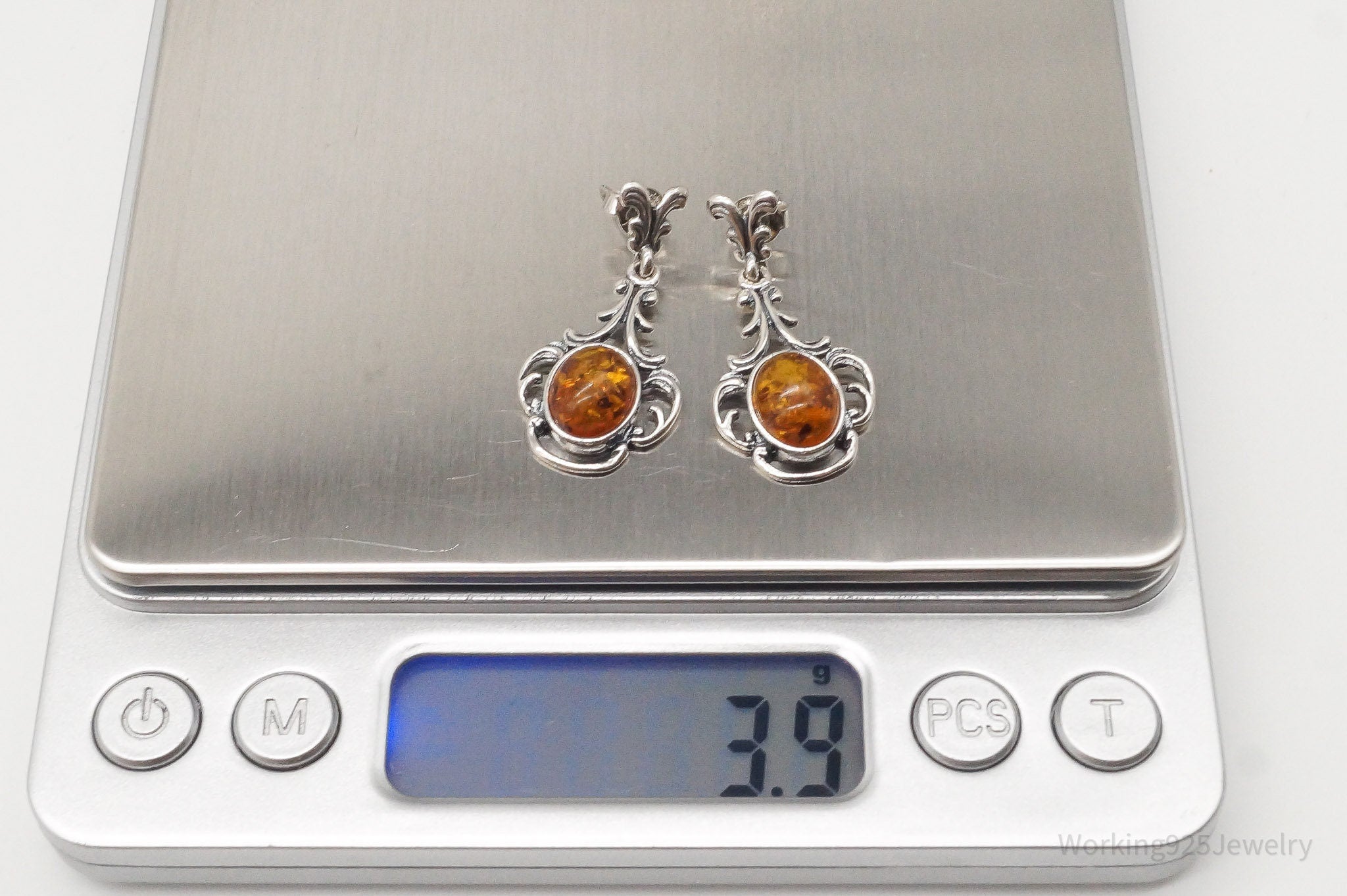 Vintage Amber Modernist Sterling Silver Earrings