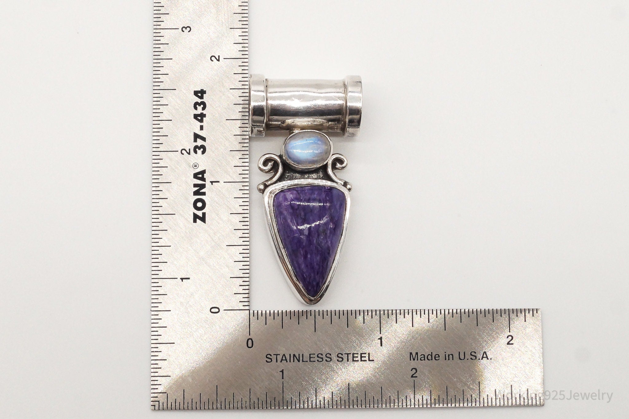 Large Vintage Charoite Moonstone Sterling Silver Pendant