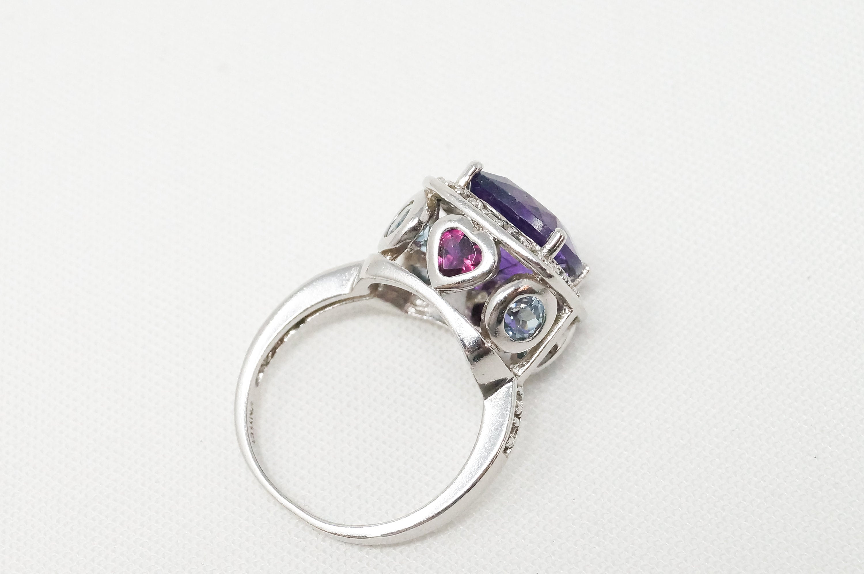 Vintage Amethyst Pink Sapphire Heart Blue Topaz CZ Sterling Silver Ring Sz 6.75