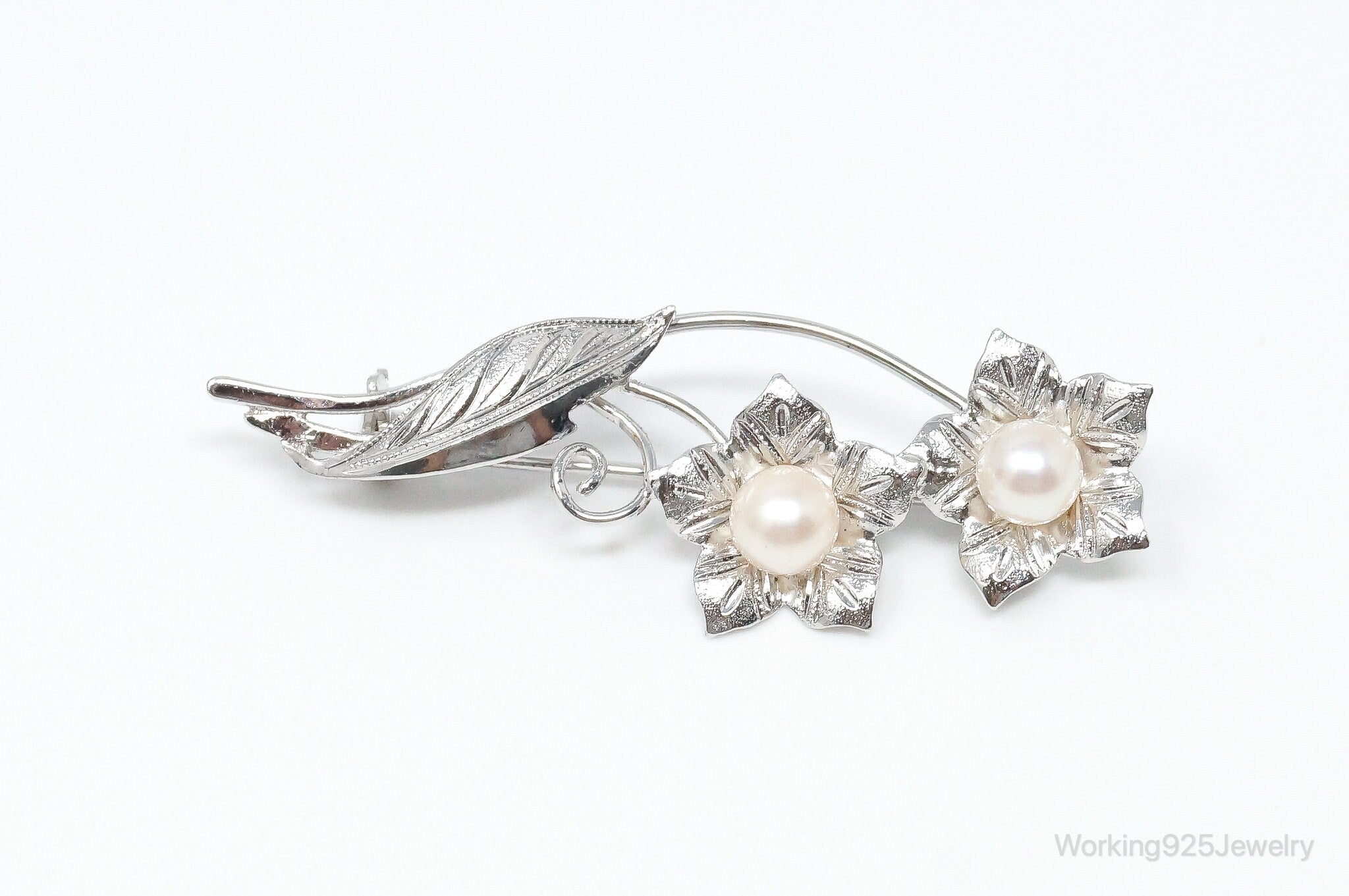 Antique Floral Pearl Sterling Silver Brooch Pin