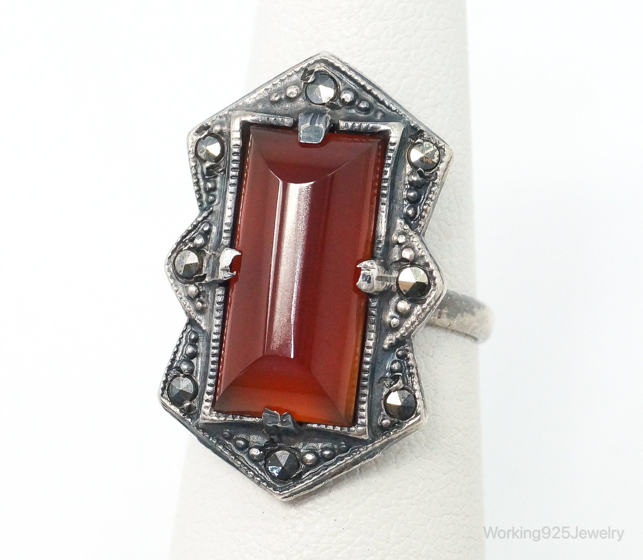 Antique Victorian Carnelian Marcasite Sterling Silver Ring - SZ 4.75