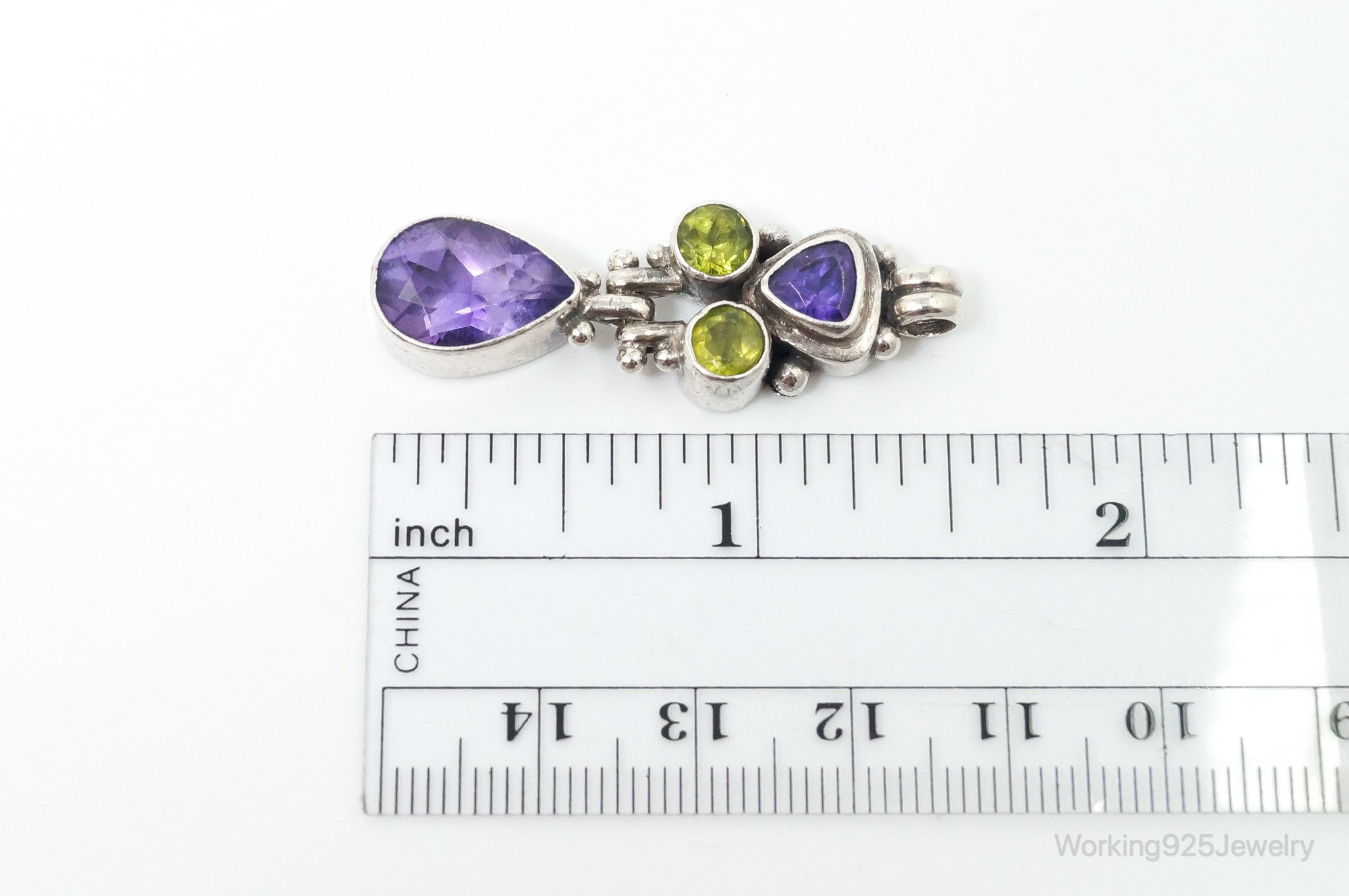 Vintage Amethyst Peridot Sterling Silver Bali Style Necklace Pendant