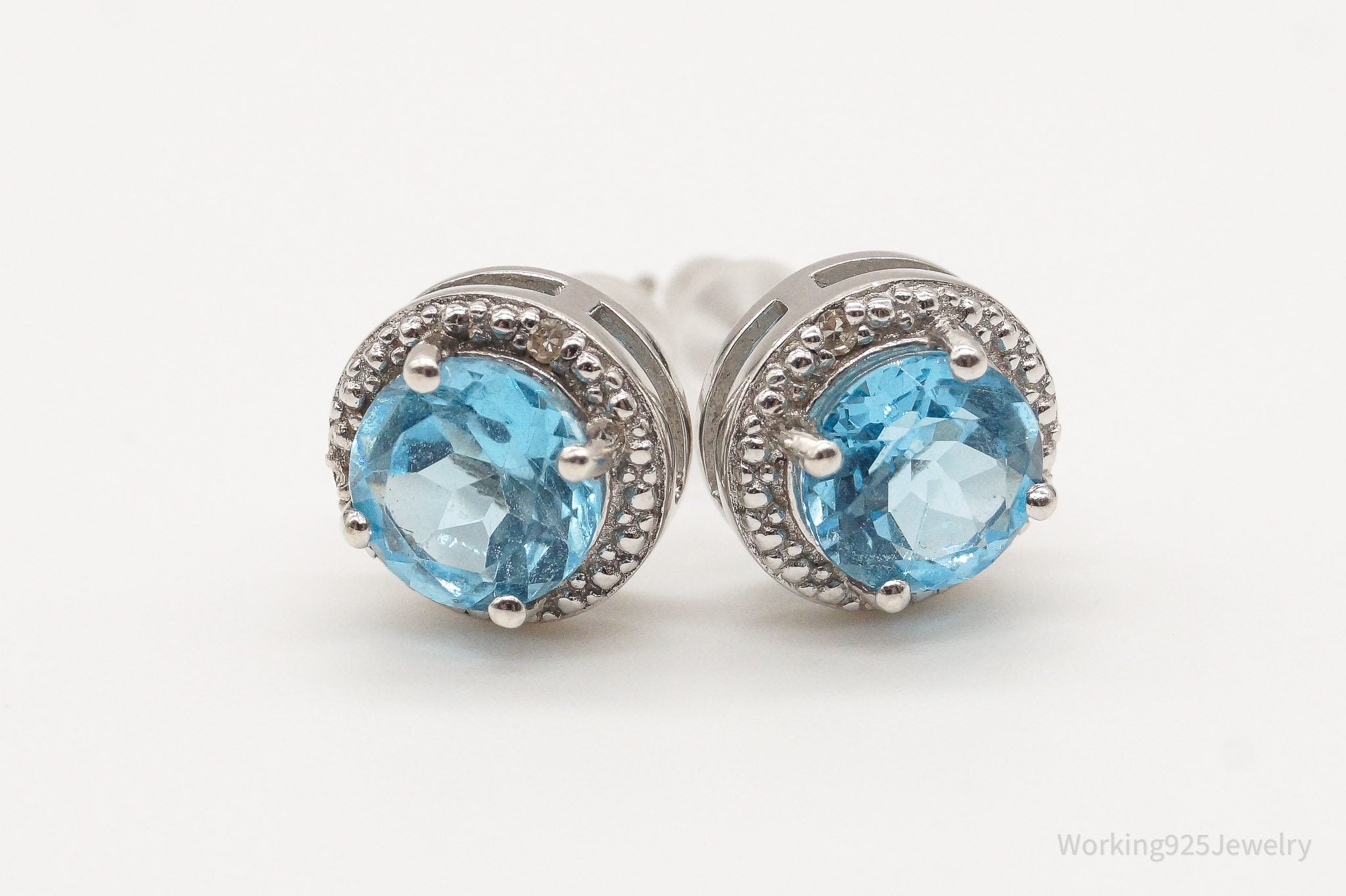 Vintage Blue Topaz 4 Diamond Sterling Silver Earrings