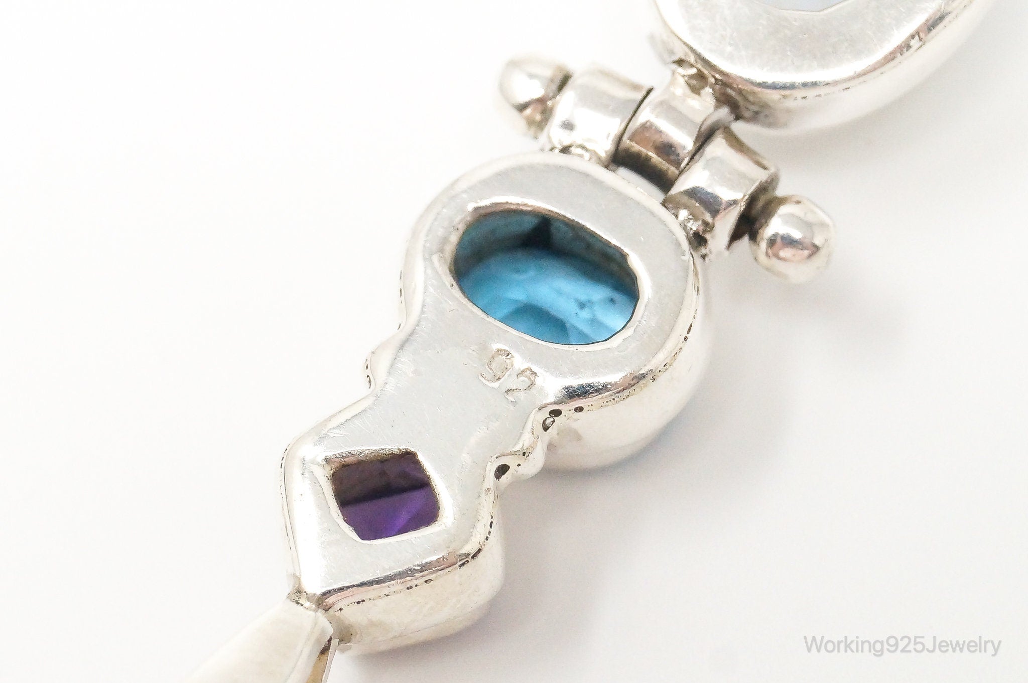 Large Vintage Blue Topaz Amethyst Moonstone Sterling Silver Pendant