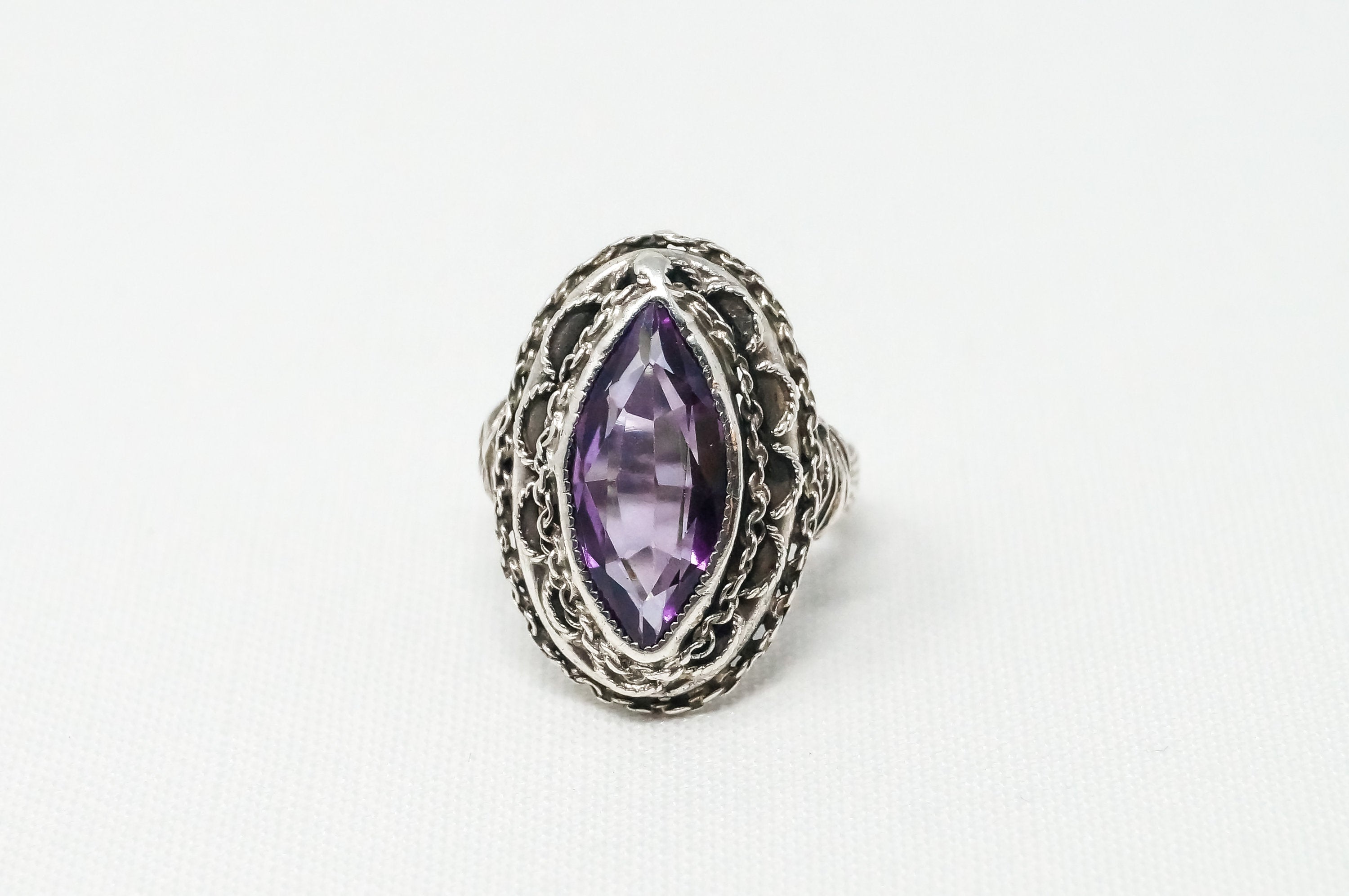 Vintage Art Deco Amethyst Sterling Silver Ring - Sz 4.5 - 785070524