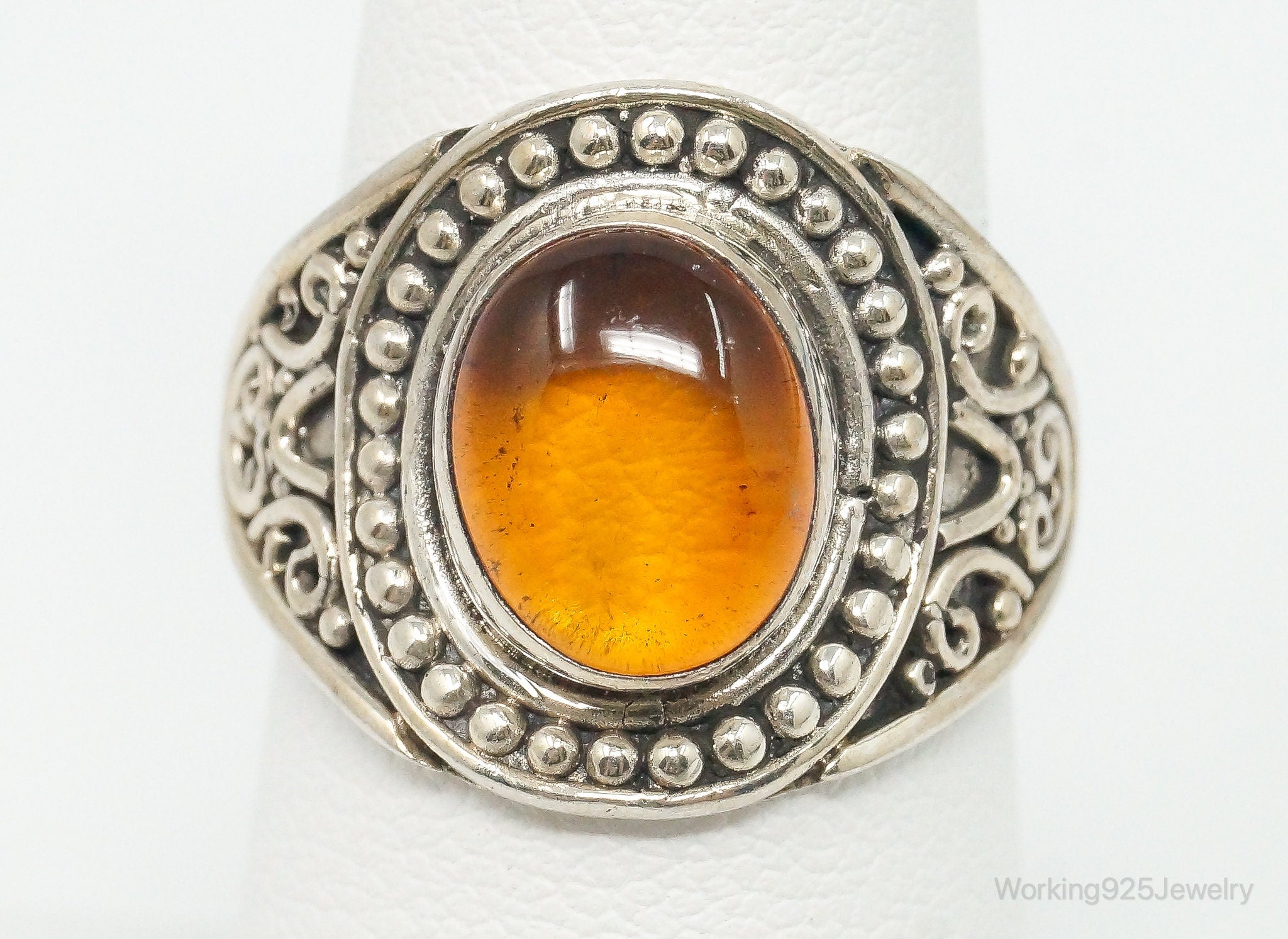 Vintage Amber Sterling Silver Ring - Size 7