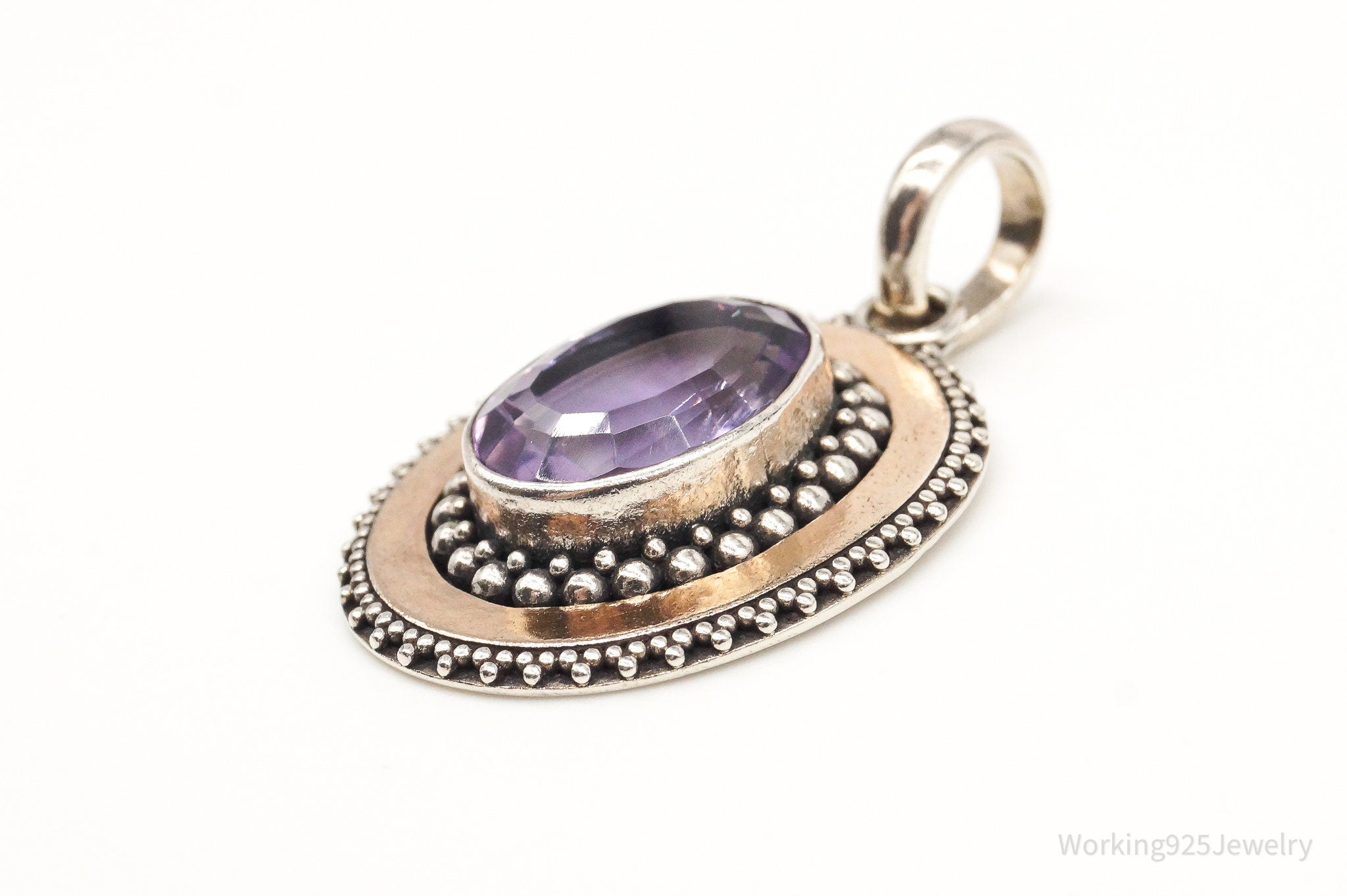 Large Vintage Amethyst Two Tone Sterling Silver Pendant