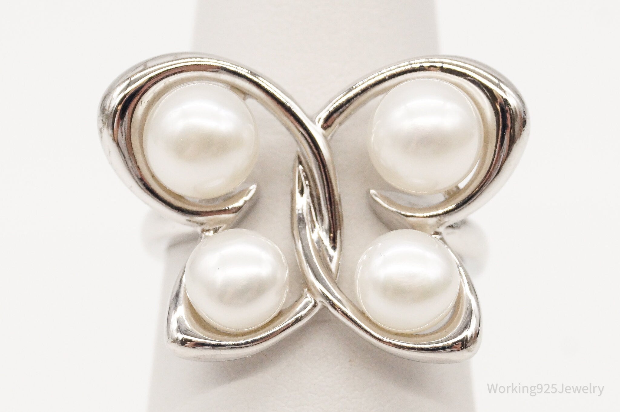 Designer Butterfly Pearls Sterling Silver Ring - Size 6