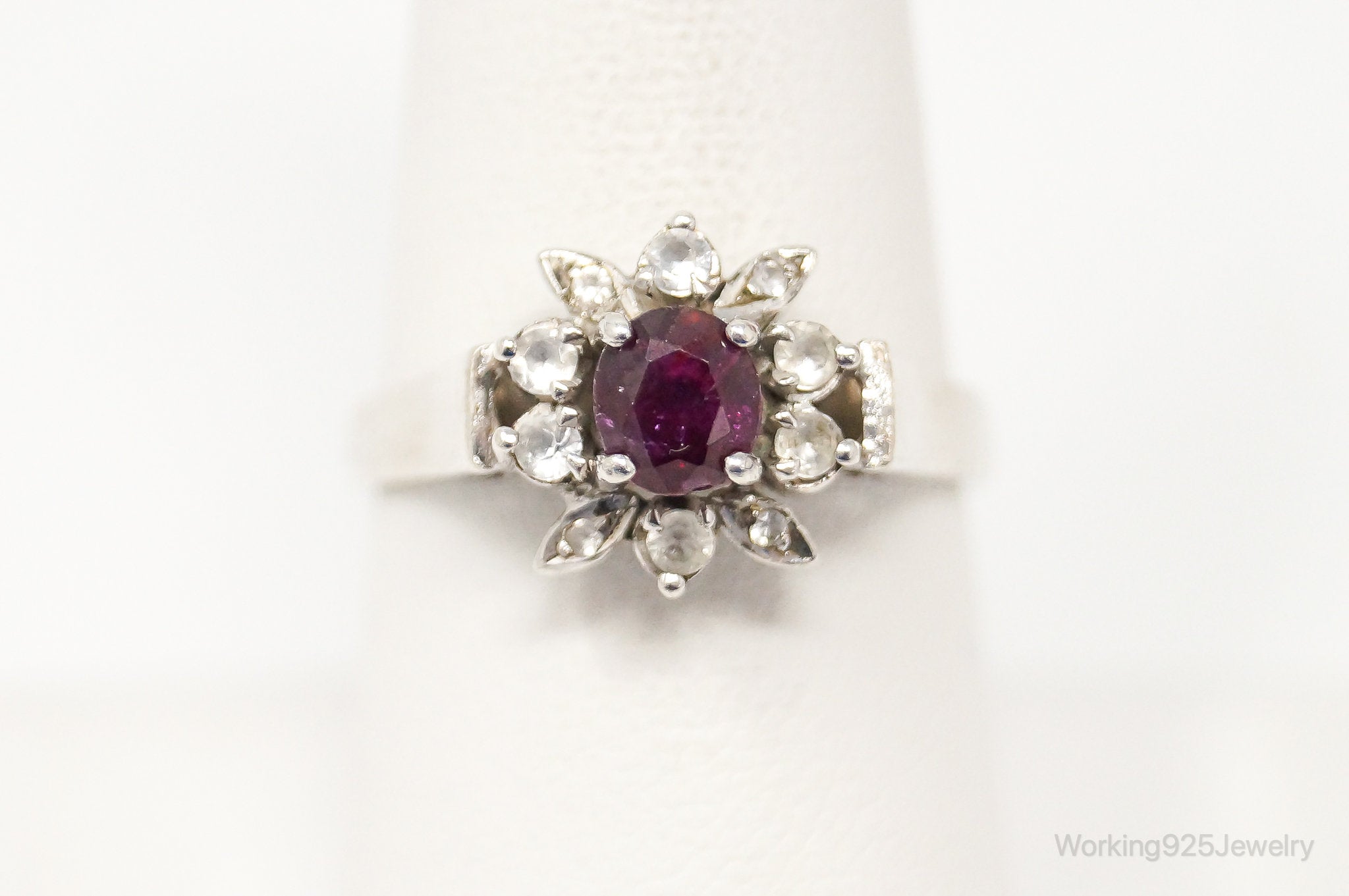 Vintage Art Deco Ruby Cubic Zirconia Sterling Silver Ring - Size 7.75