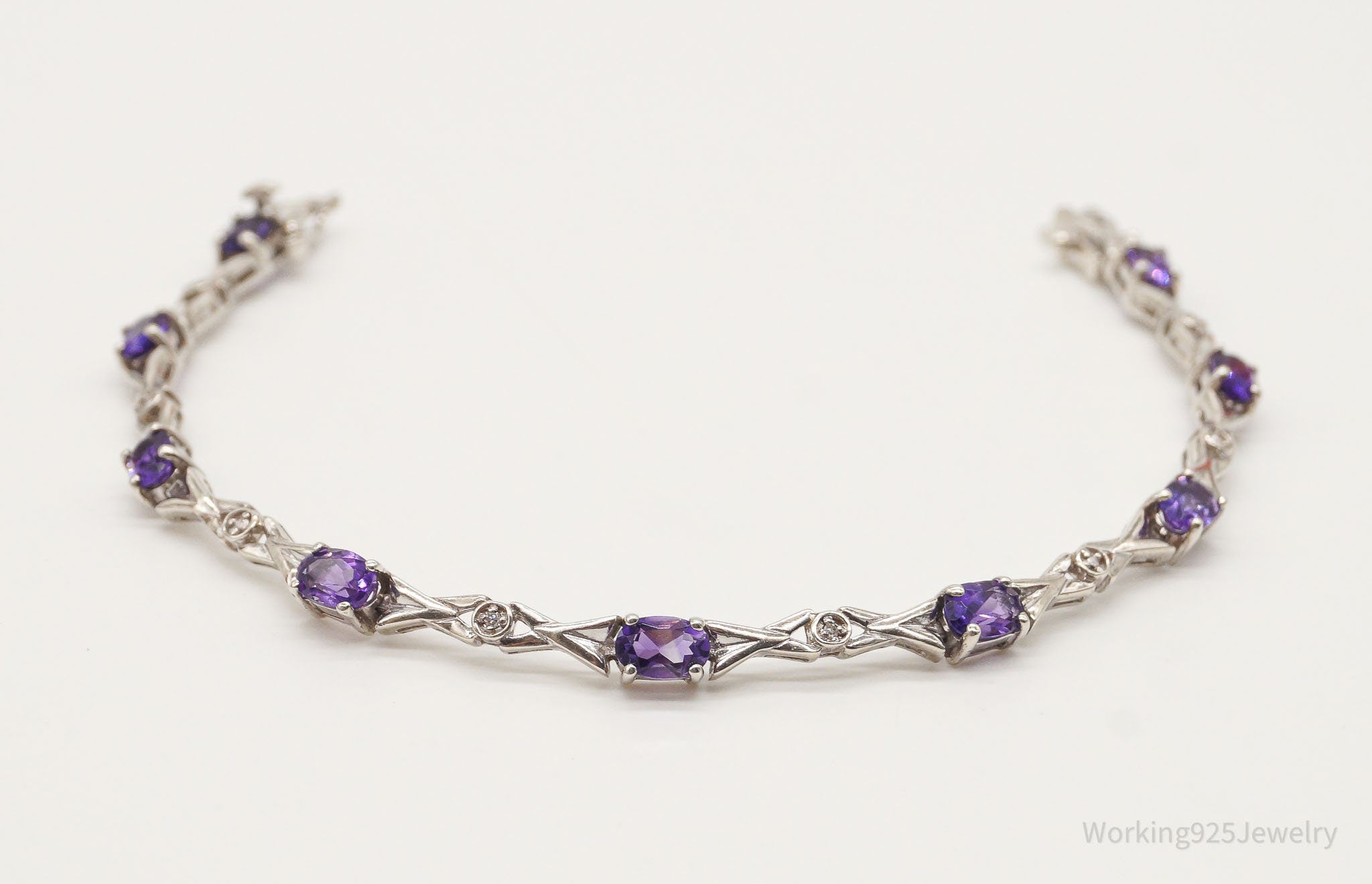 Vintage Amethyst Two Diamonds Sterling Silver Bracelet