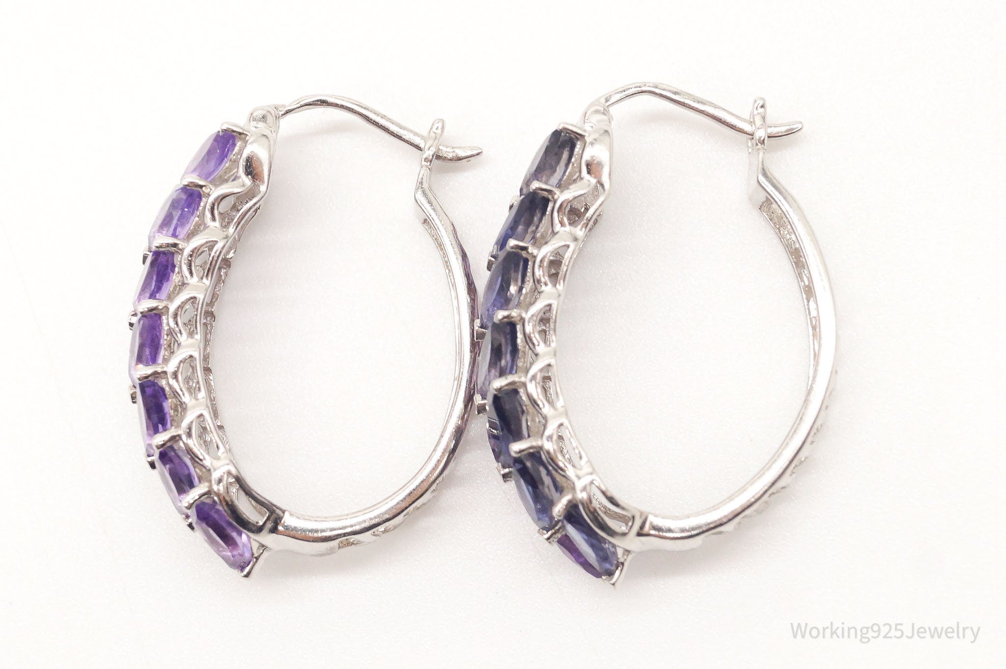 Vintage Amethyst Iolite Sterling Silver Hoop Earrings