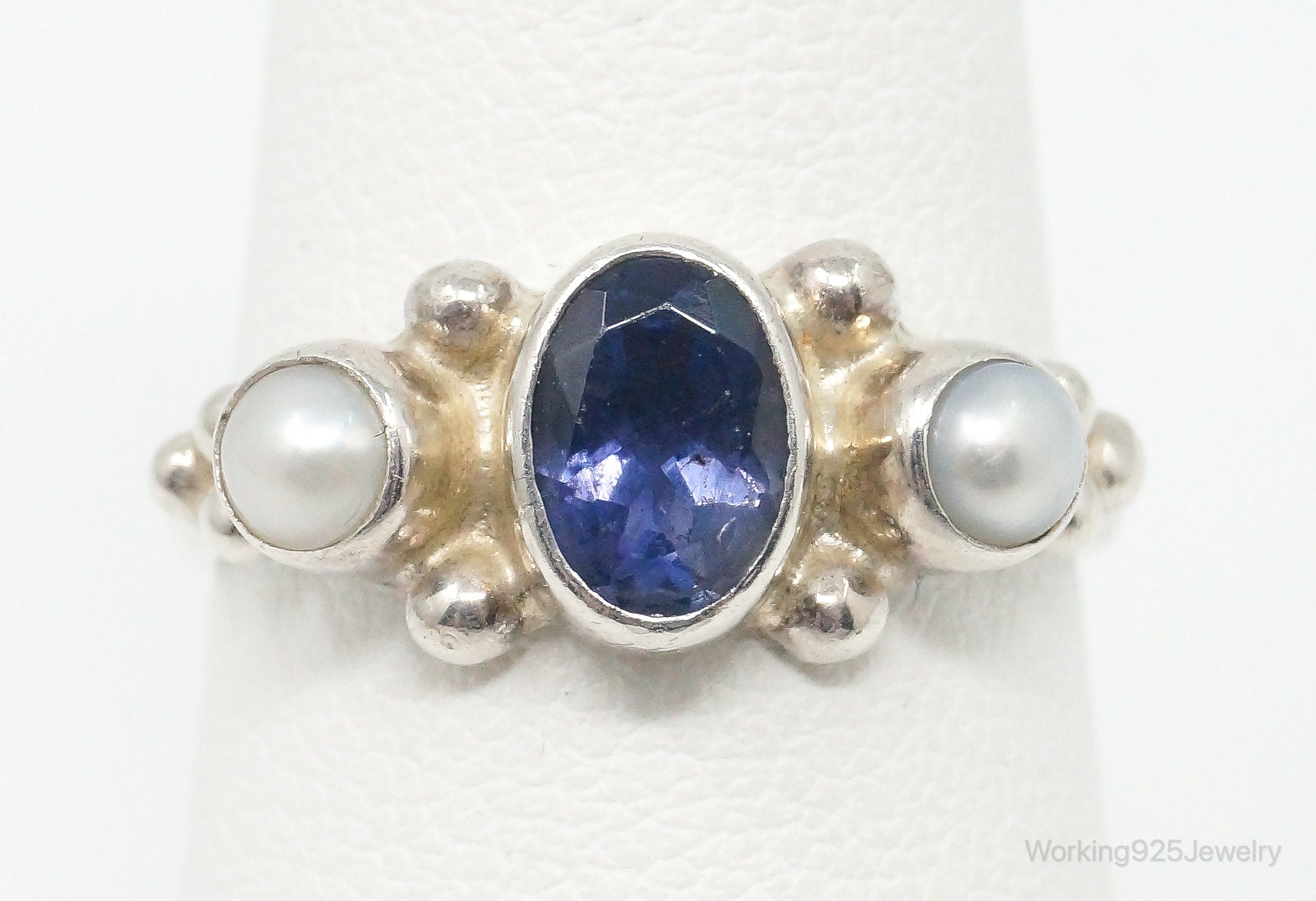 Vintage Iolite Pearl Sterling Silver Ring - Size 6.75