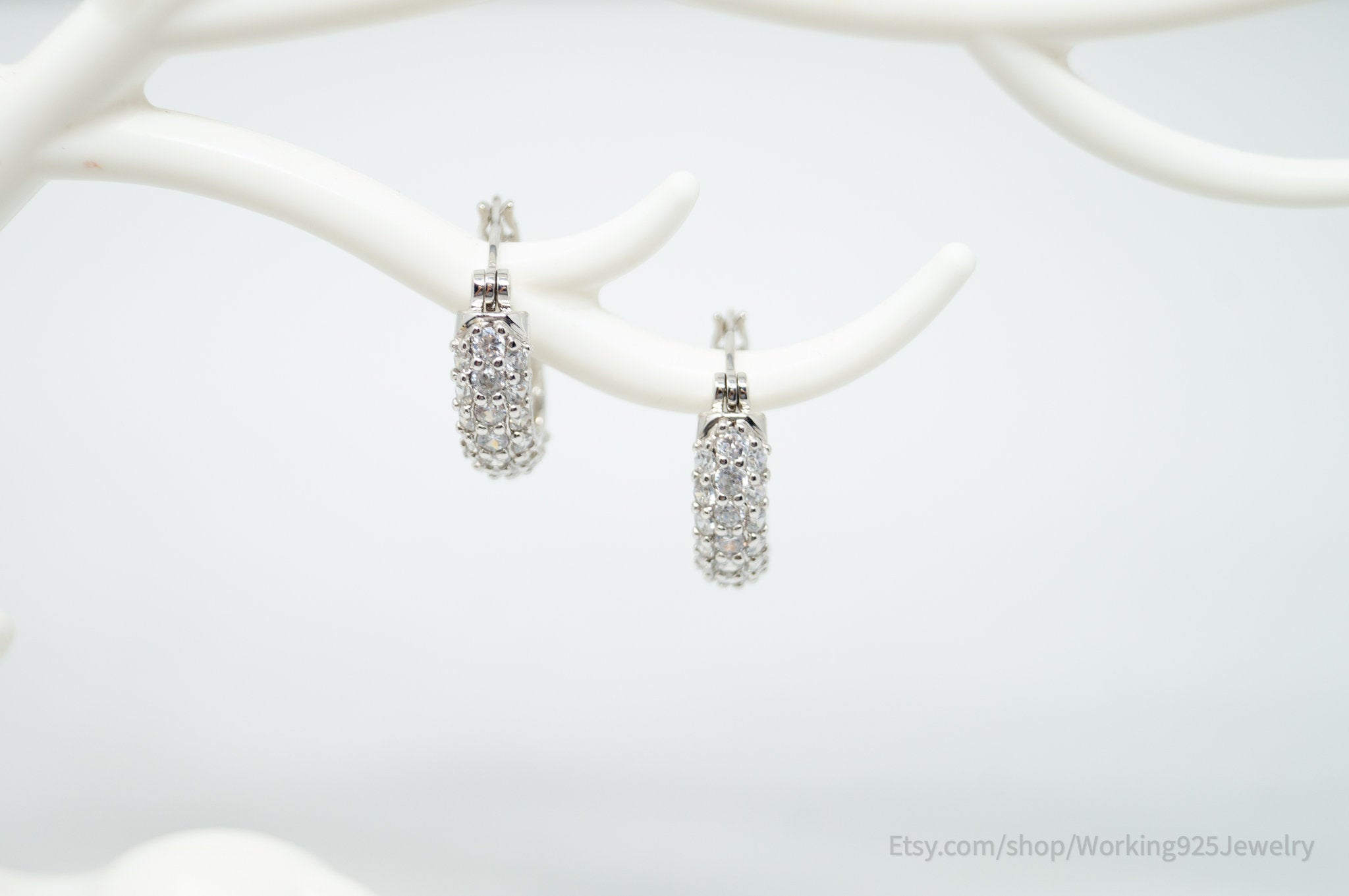 Vintage Art Deco Style Cz Sterling Silver Hoop Earrings