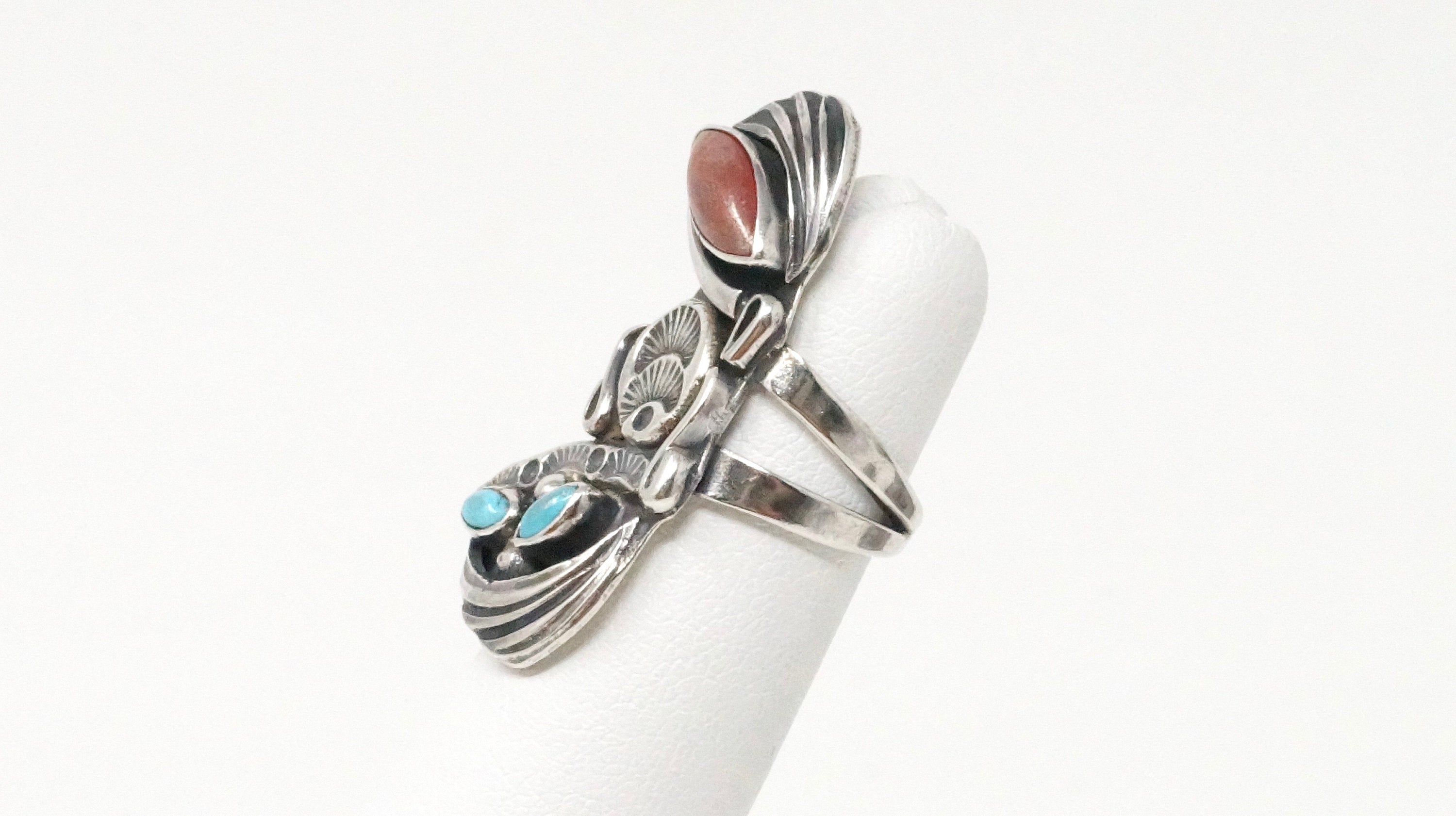 Native American Navajo Roger Skeet RS Turquoise Coral Sterling Silver Ring Sz 4